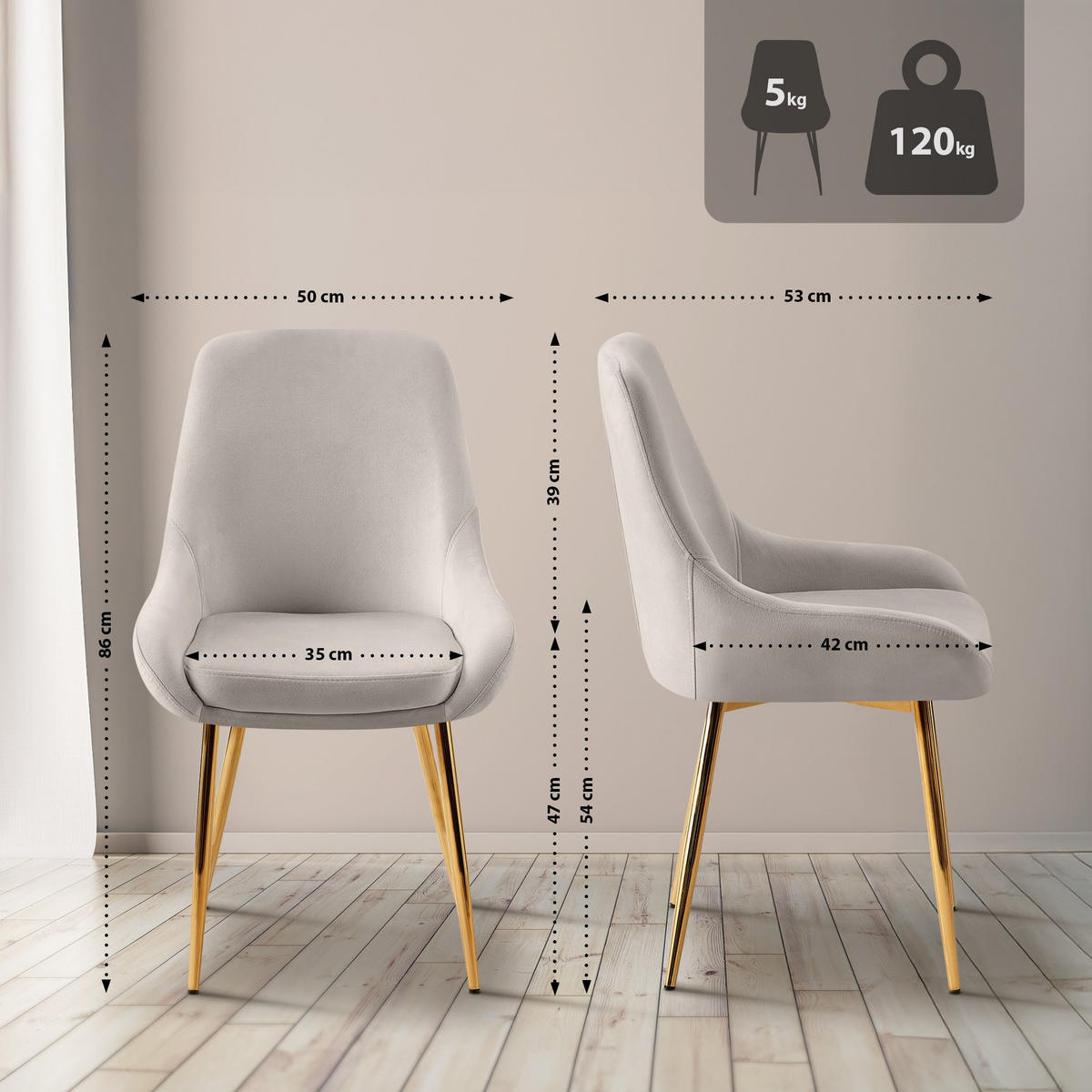 STUHL Samt Grau - Goldfarben/Grau, Textil (50/86/53cm) - CLP