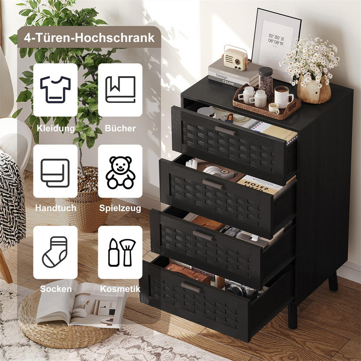 KOMMODE mit 4 Schubladen - pflegeleichtes PVC-Geflecht und zylindrische Beine - Schwarz - Schwarz, Holzwerkstoff (39.8/95/55cm) - DELFA