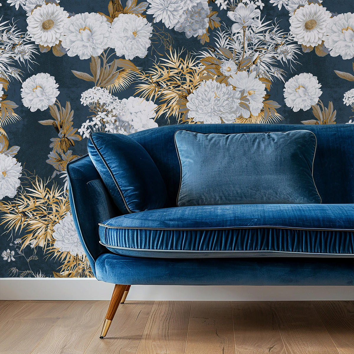 TAPETE Mit Blumen Blau Gold aus echtem Papier, 180x260cm, 2 Rollen - Goldfarben, Papier (180/260cm) - WALLPAPERS4BEGINNERS