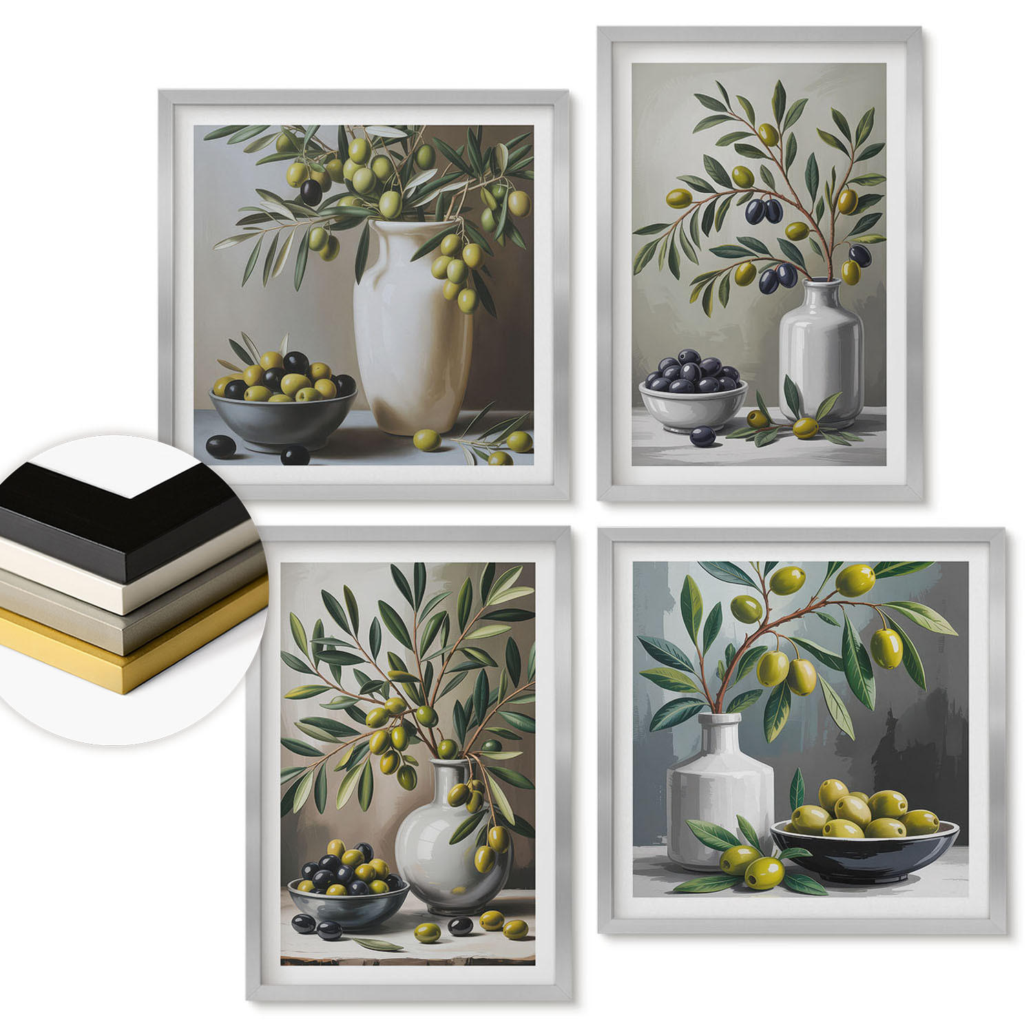 WANDBILDER 4er Set - 50x50 cm & 40x60 cm Silberner Rahmen - Oliven in Keramikgrau - Silberfarben, Kunststoff (50/50cm) - ArtPrintCave