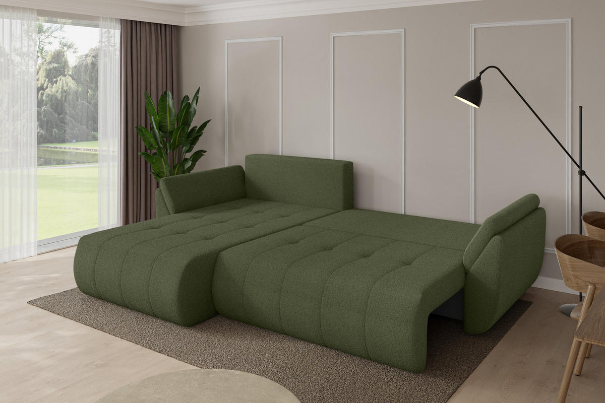 ROHOVÁ SEDAČKA s funkcí spaní, otoman vlevo TOKO-L 277x194x86 zelená bouclé - černá/zelená barva, kompozitní dřevo/textil (277/194cm) - ALTDECOR