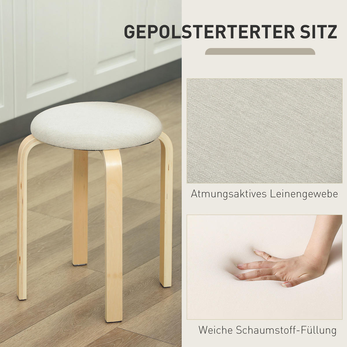 ESSZIMMERHOCKER 4er Set Stapelhocker Runde Hocker, Cremeweiß - Weiß, Holzwerkstoff (40/45/40cm) - HOMCOM