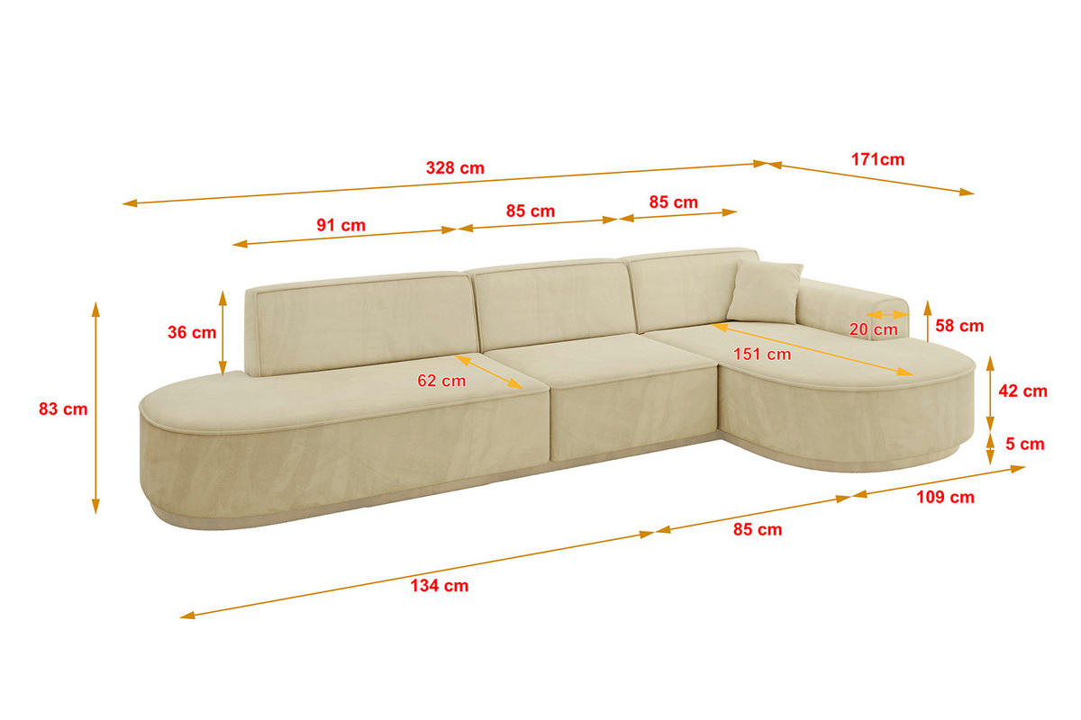 ECKSOFA Ottomane Rechts MARI-L2-v3 - 328x171x83 cm Beige Velours - Beige/Schwarz, Holzwerkstoff/Kunststoff (171/328cm) - ALTDECOR