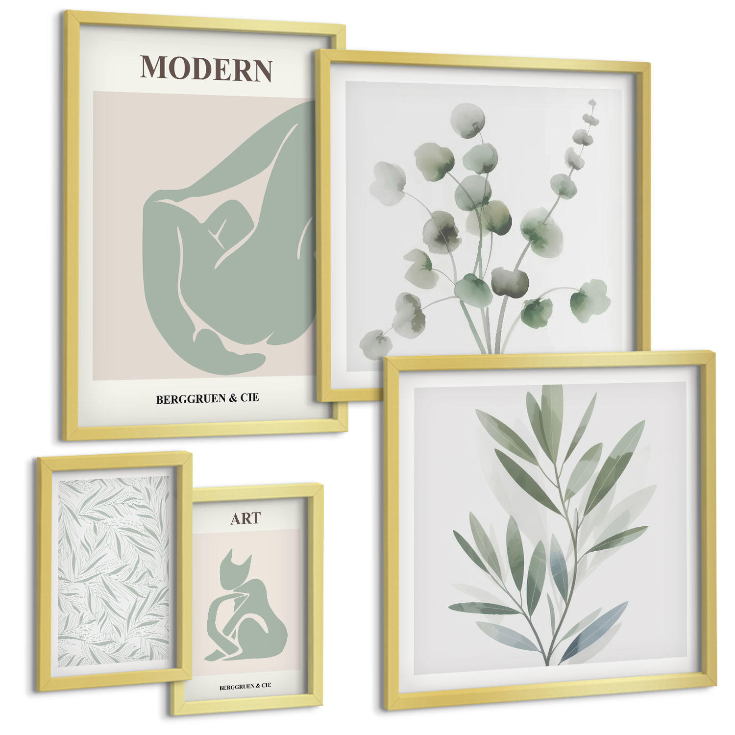 BILDER SET 5er Set - 50x50 cm & 20x30 cm & 40x60 cm Goldrahmen - Pflanzenmotive, zartes Grün - Goldfarben, Kunststoff (40/60cm) - TULUP