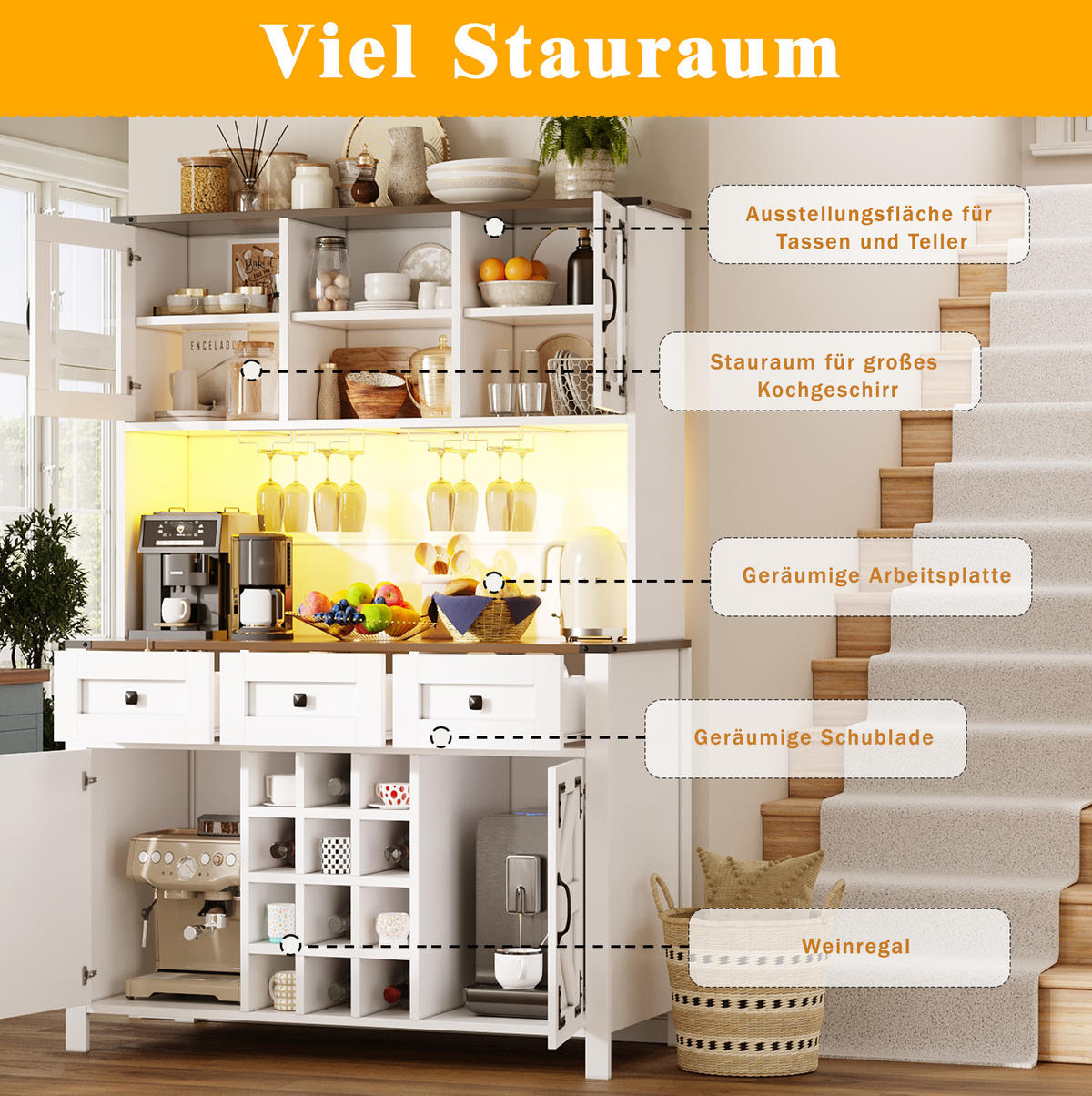 ANRICHTE Küchenschrank 120/40/170 cm aus MDF mit Glas und LED-Beleuchtung Weiß - Weiß, Holzwerkstoff (120/170/40cm) - Modenvie