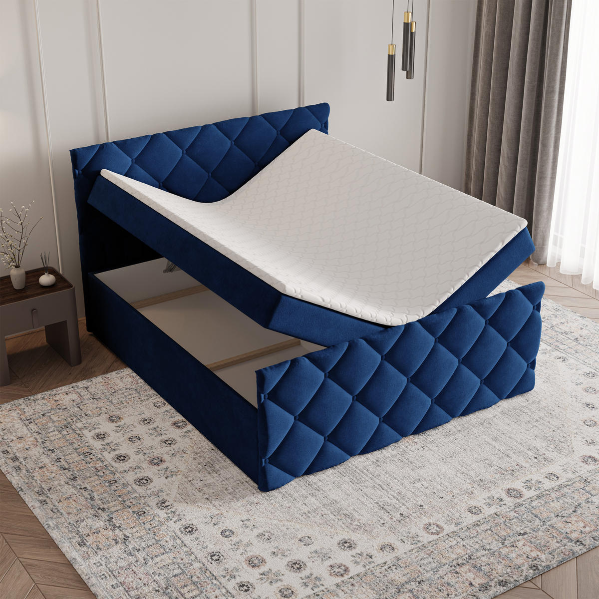 BOXBETT ROVARI 160x200 cm mit Matratze und Topper - Blau - Blau, Holz (160/200cm) - MASSENO
