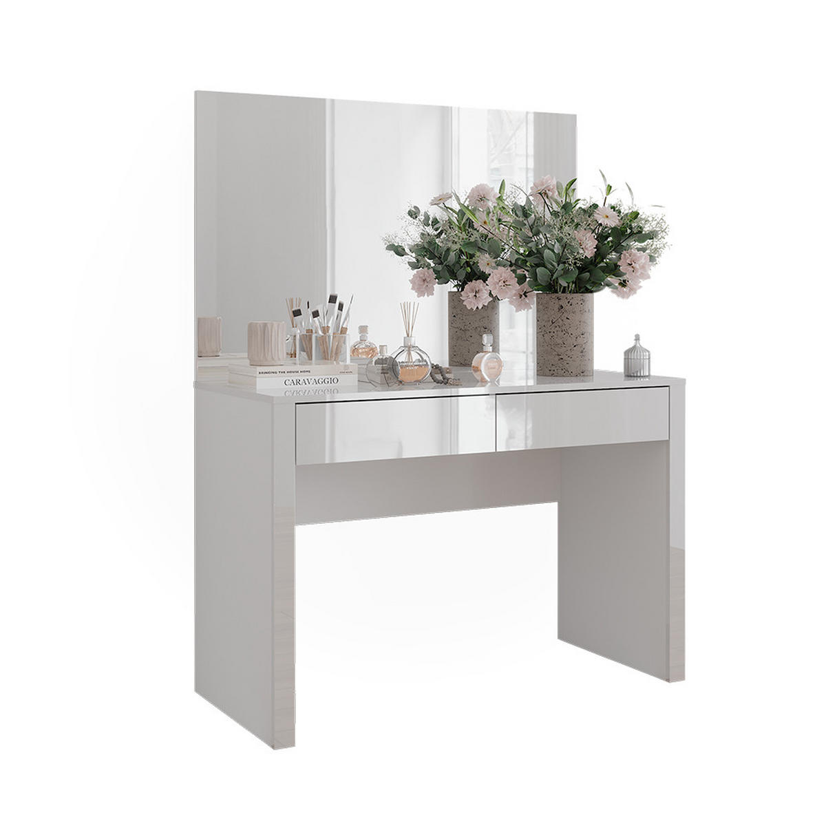 SCHMINKTISCH Annabelle Weiß Hochglanz/Weiß 110 cm mit Spiegel - Weiß Hochglanz/Weiß, Holzwerkstoff (110/75.5/50cm) - Vicco