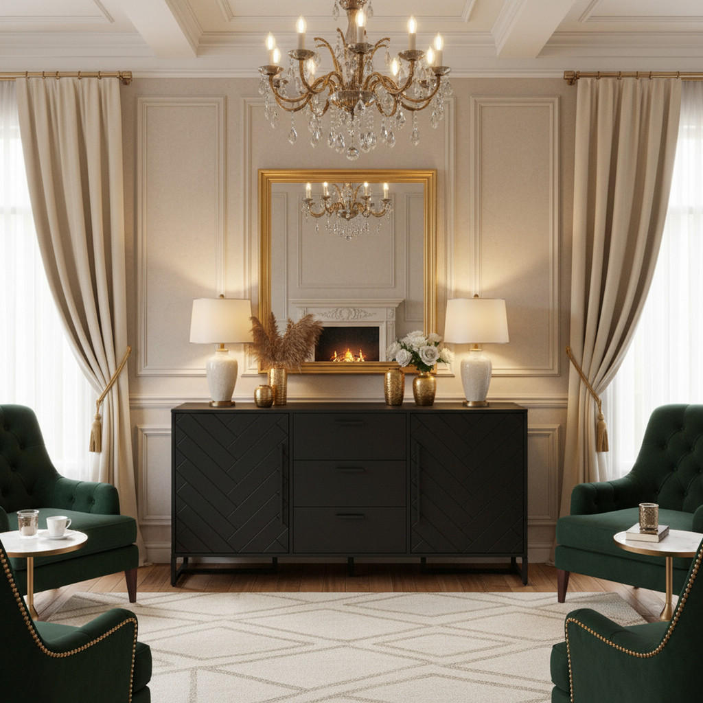 Thumbnail - Urban Meuble Sideboard, Schwarz, Holzwerkstoff, 3 Schubladen, Rechteckig, 145x75x40 cm, Wohnzimmer, Kommoden & Sideboard...