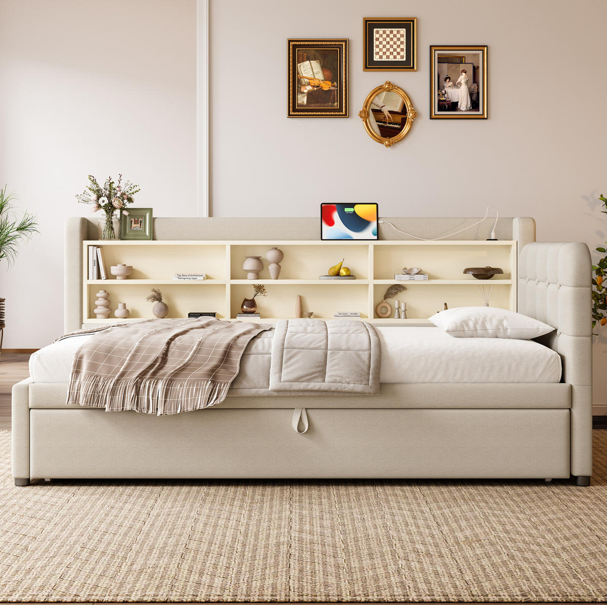 POLSTERBETT aus Leinen 90x200 cm in Beige mit Ausziehbett, USB & Typ-C - Beige, Textil (90/200cm) - Modfu
