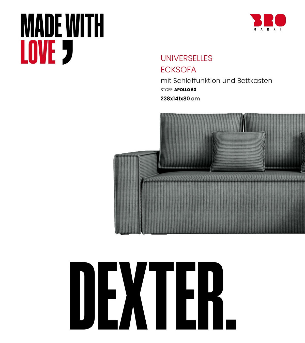 ECKSOFA Dexter mit Schlaffunktion Grau Cord - Grau, Textil (238/141cm) - Bromarkt