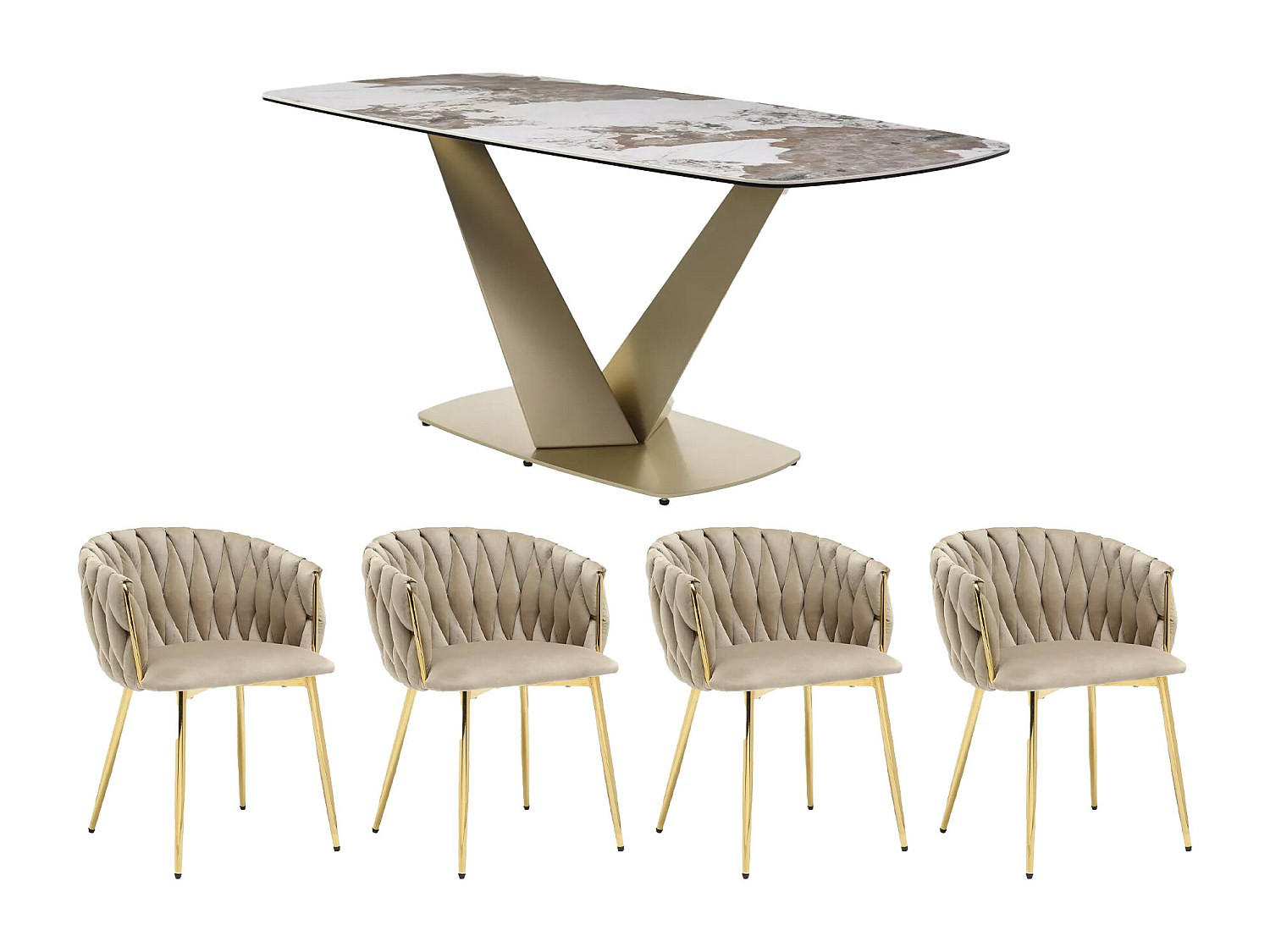 ESSGRUPPE - 6 Personen - Marmor, Glas, Keramik - Beige, Weiß PORELIMA - Beige/Weiß, Glas/Keramik (180/76/90cm) - Vente-Unique
