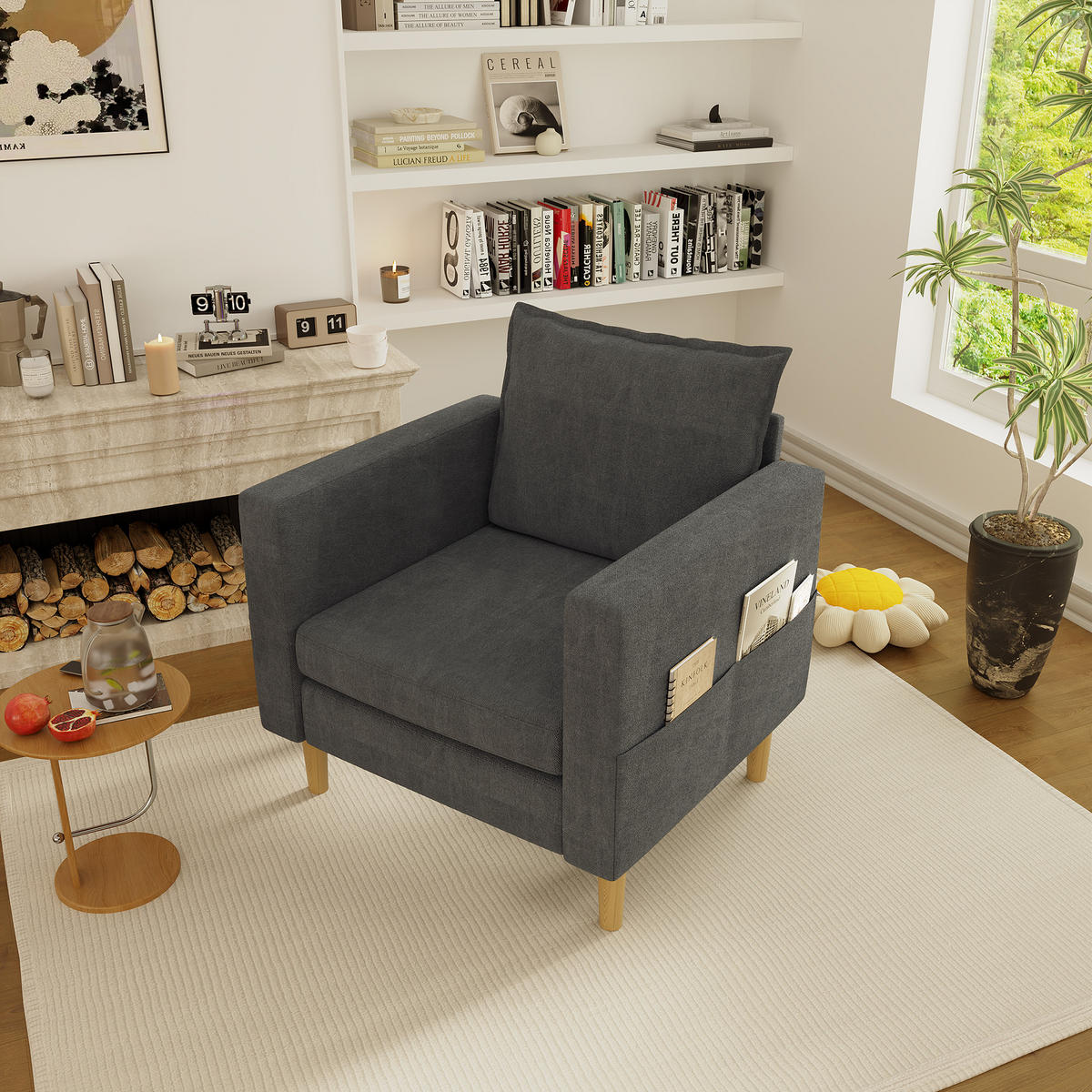 SESSEL Chenille Grau mit Seitentasche und Kissen - Grau, Holz/Holzwerkstoff (71/82/68cm) - WISHDOR