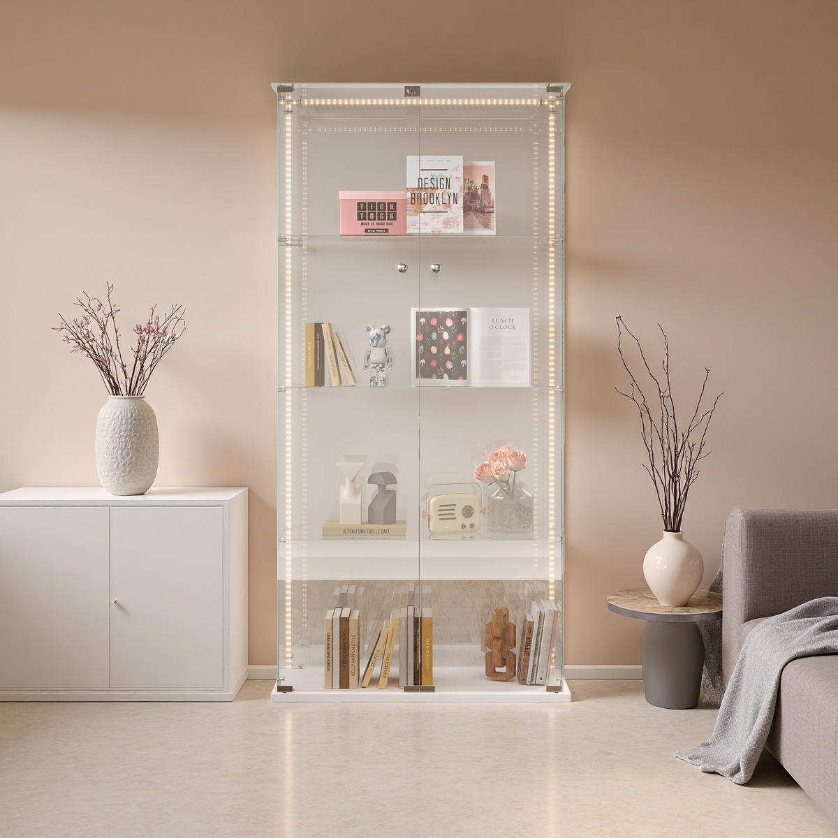 STANDVITRINE mit LED-Leisten, Weiß, 4 Böden, Doppeltür abschließbar - Weiß, Glas (35/163/78.5cm) - SHOPENTRA
