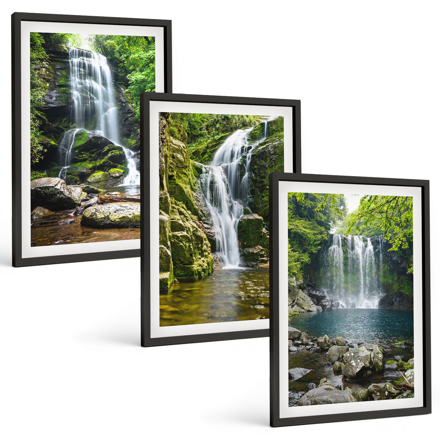 BILDER SET 3er Set - 40x60 cm Schwarzer Rahmen - Wasserfälle, grüne Umgebung - Schwarz, Kunststoff (40/60cm) - TULUP
