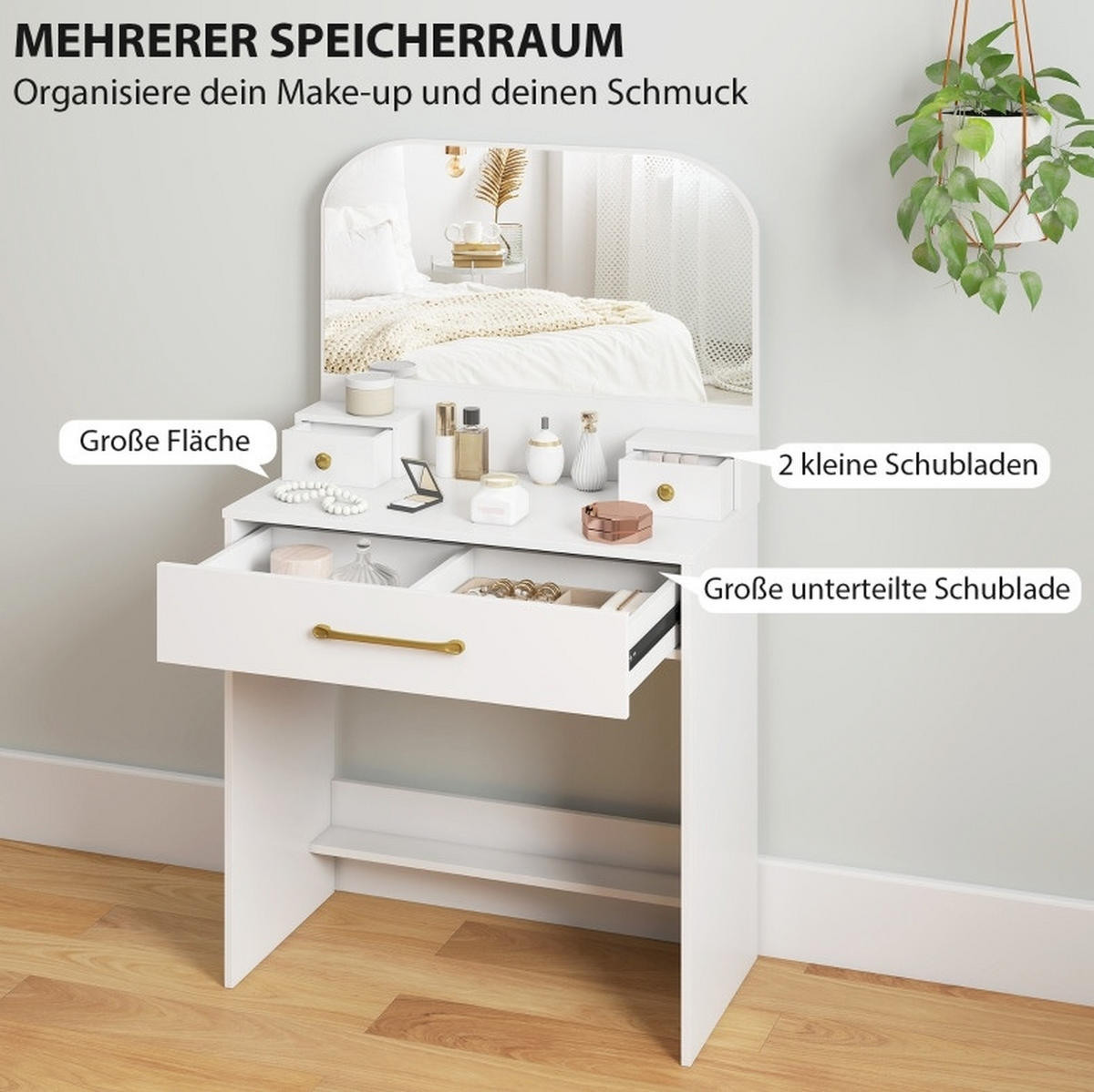 SCHMINKTISCH 80/40/135 cm Weiß aus Holz mit Spiegel - Weiß, Holz (40/135/80cm) - OKWISH
