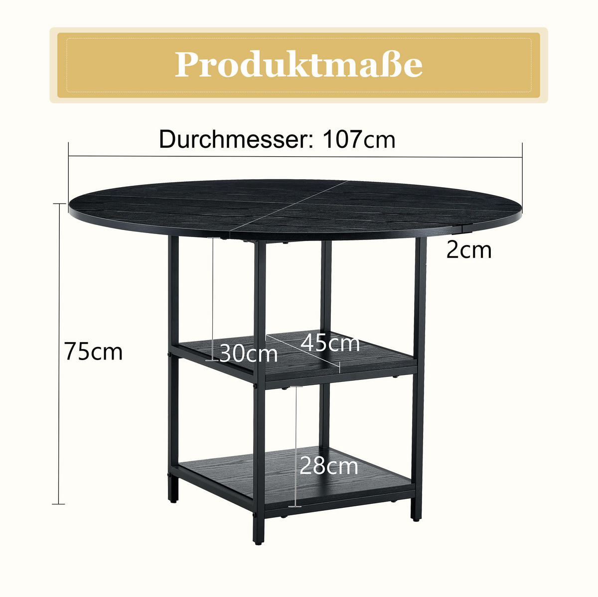 ESSTISCH rund 107/75 cm in Schwarz mit 2 Ablagen im Industrial Style - Schwarz, Holzwerkstoff (107/107/75cm) - Flora Grace