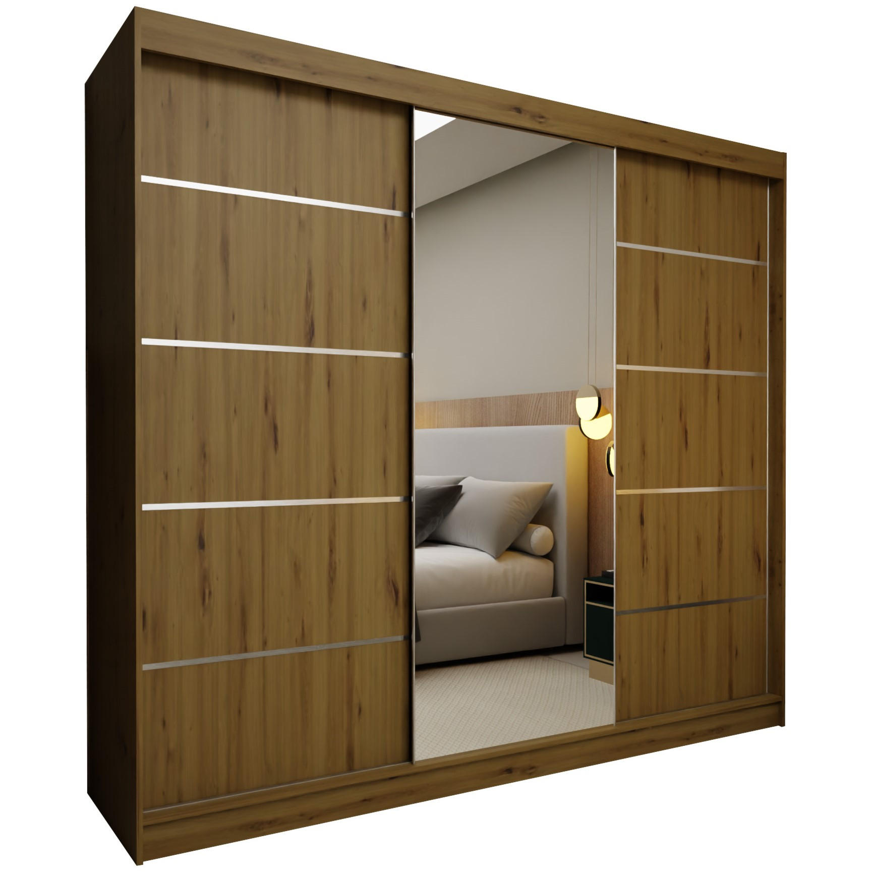 SCHWEBETÜRENSCHRANK MIRELLA 240/216/61 cm 3-türig mit Spiegel Eiche Artisan - Eiche Artisan, Holzwerkstoff (240/216/61cm) - MASSENO