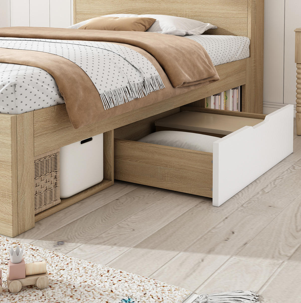 JEDNOLŮŽKO 90/200 cm bílá/dub z dřeva s úložným čelem, zásuvkami a policemi - bílá, kompozitní dřevo (90/200cm) - OKWISH