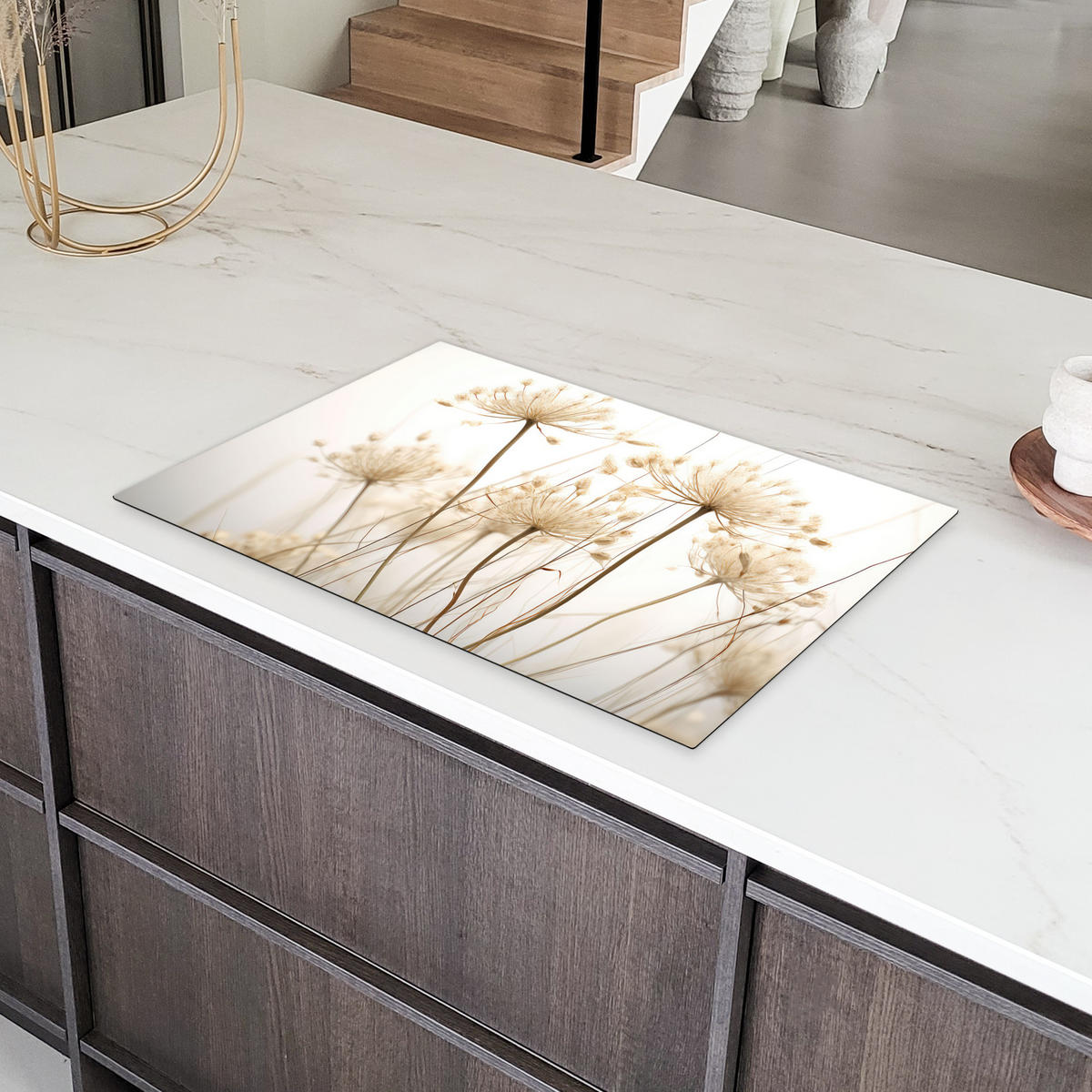 HERDABDECKPLATTE Blumen - Weiß - Sonnenlicht Induktionsschutz 80x52.2 cm - Ecru, Kunststoff (80.2/52.2/0.2cm) - MuchoWow