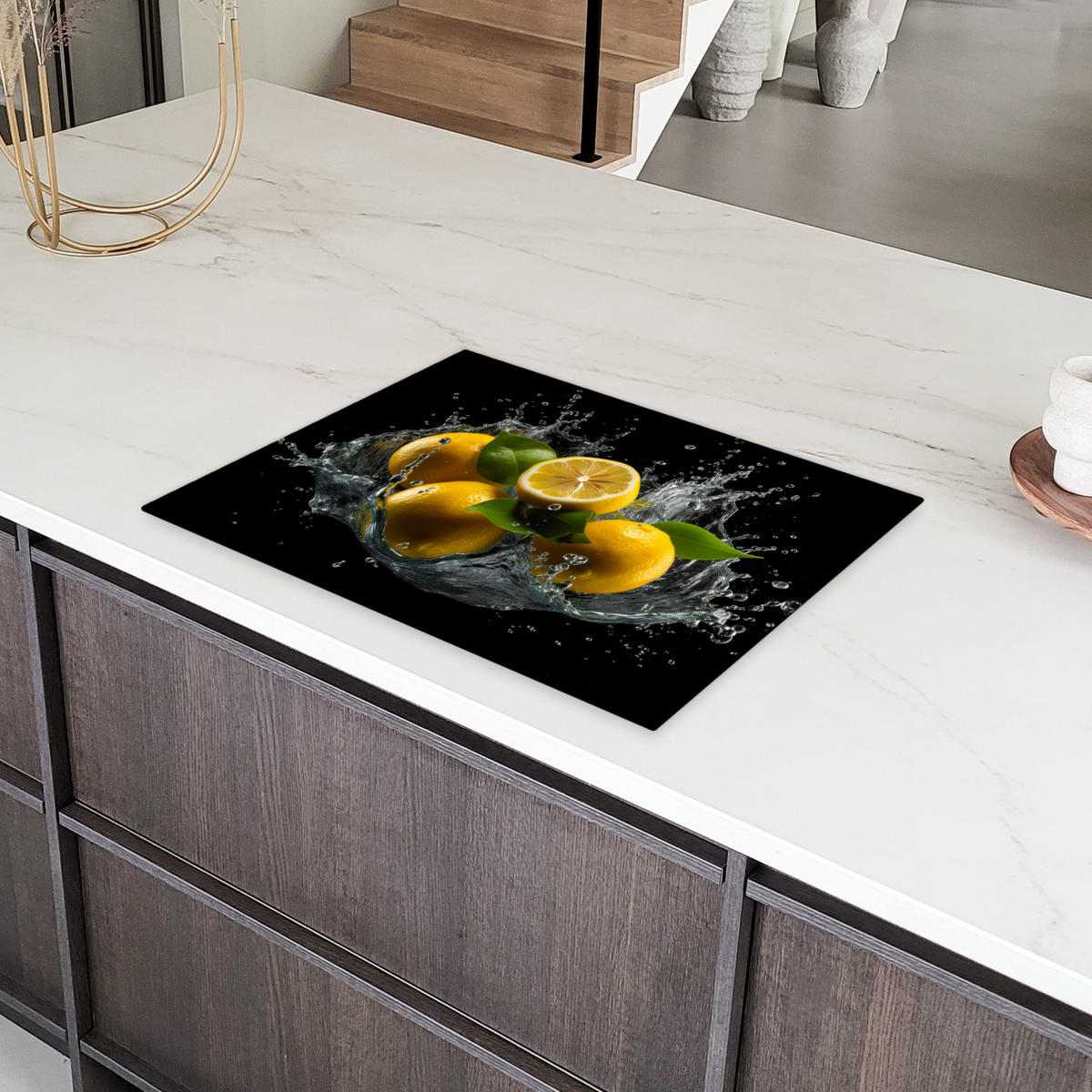 HERDABDECKPLATTE Zitrone - Obst - Gelb - Schwarz Herdabdeckung Induktionsfeld 70x52 cm - Gelb, Kunststoff (70/52/0.2cm) - MuchoWow