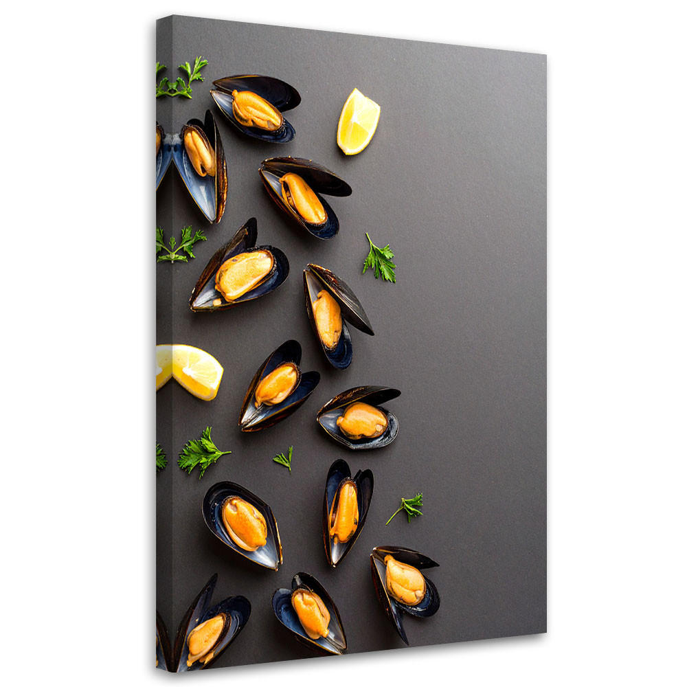 LEINWANDBILD Meeresfrüchte Muscheln und Kräuter 70x100cm - Grau, Textil (70/100cm) - Feeby