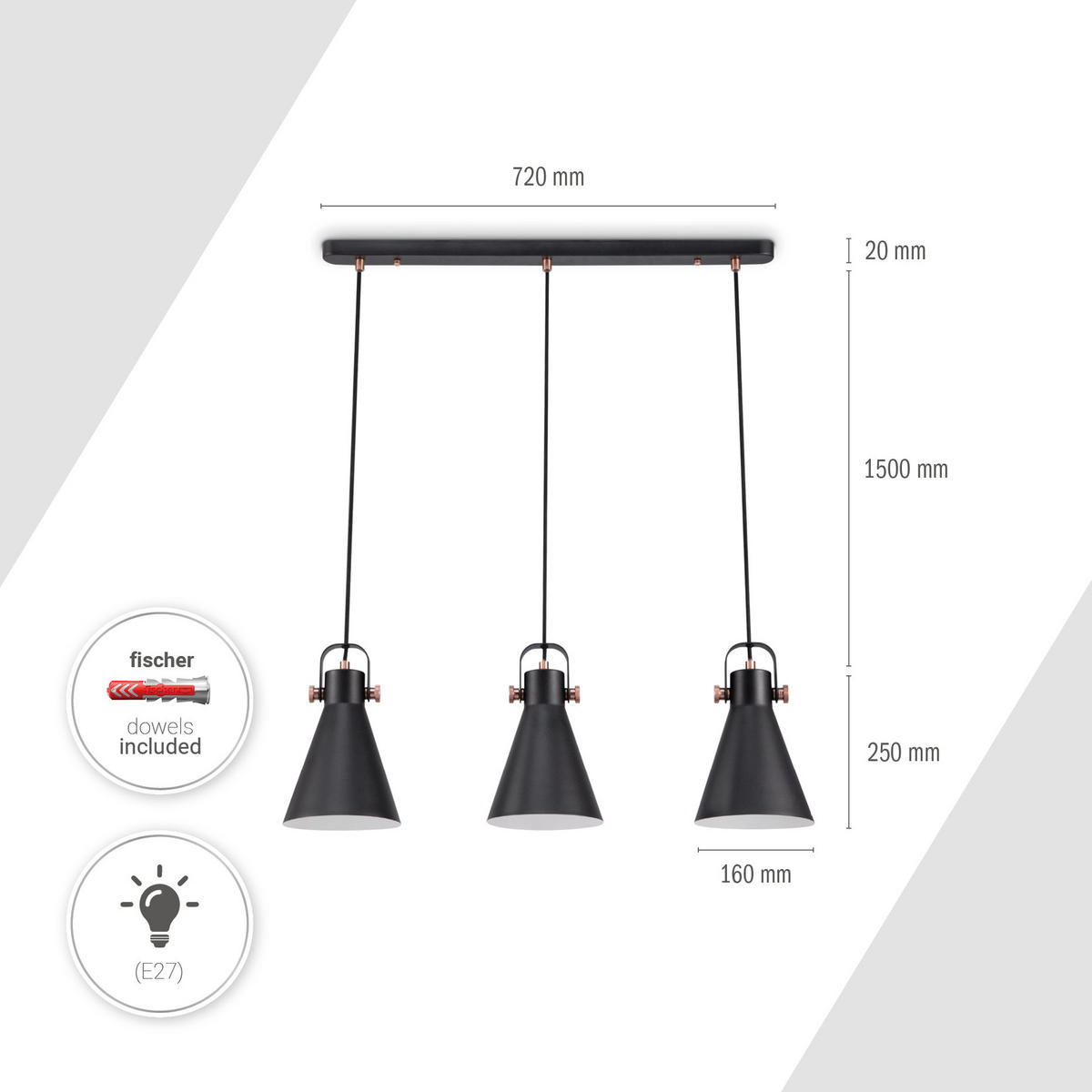 PENDELLEUCHTE Otto - Schwarz, Metall (16/16/25.4cm) - Paco Home