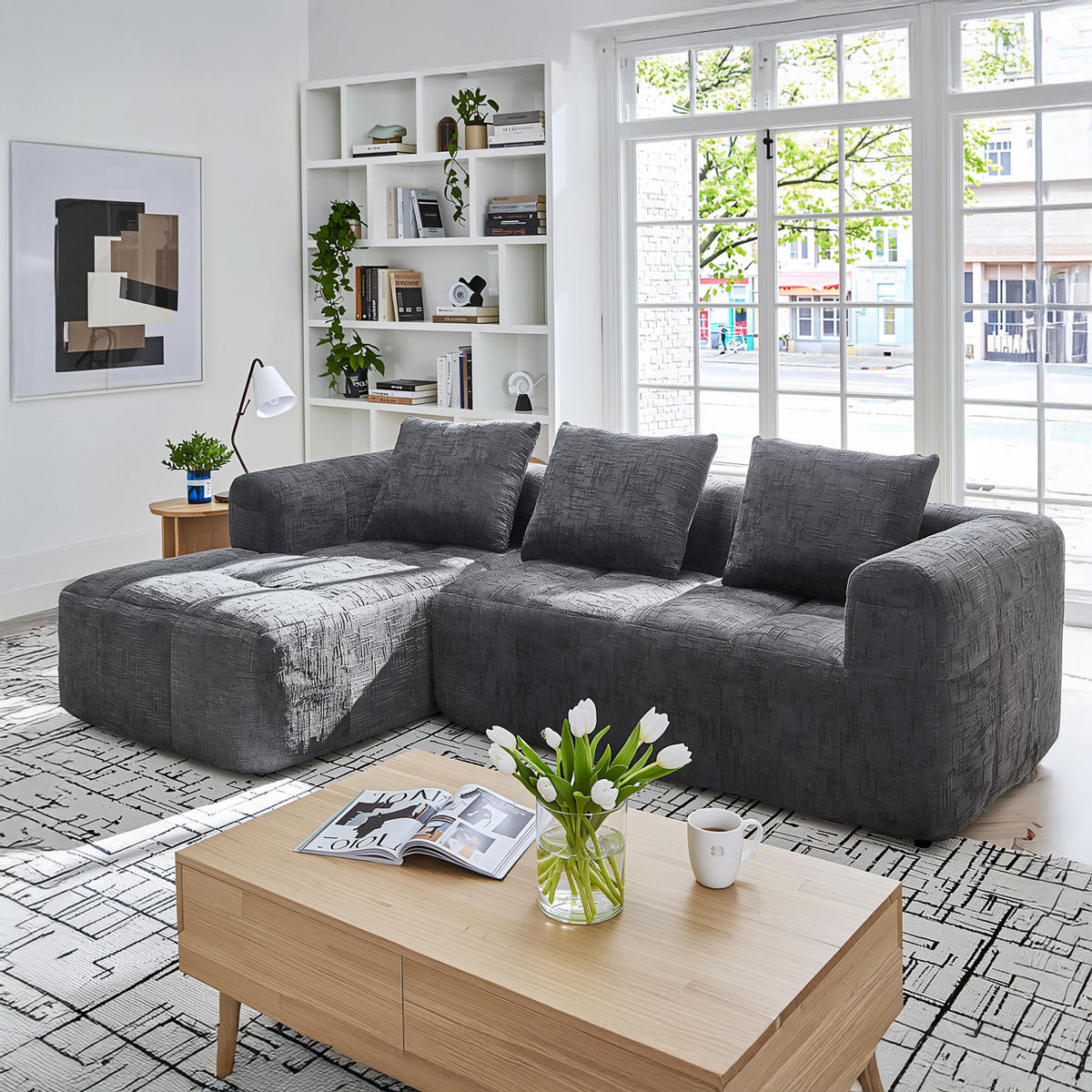 ECKSOFA chenille L-form mit chaiselongue & 3 kissen - Grau, Textil (250/158cm) - Urban Meuble