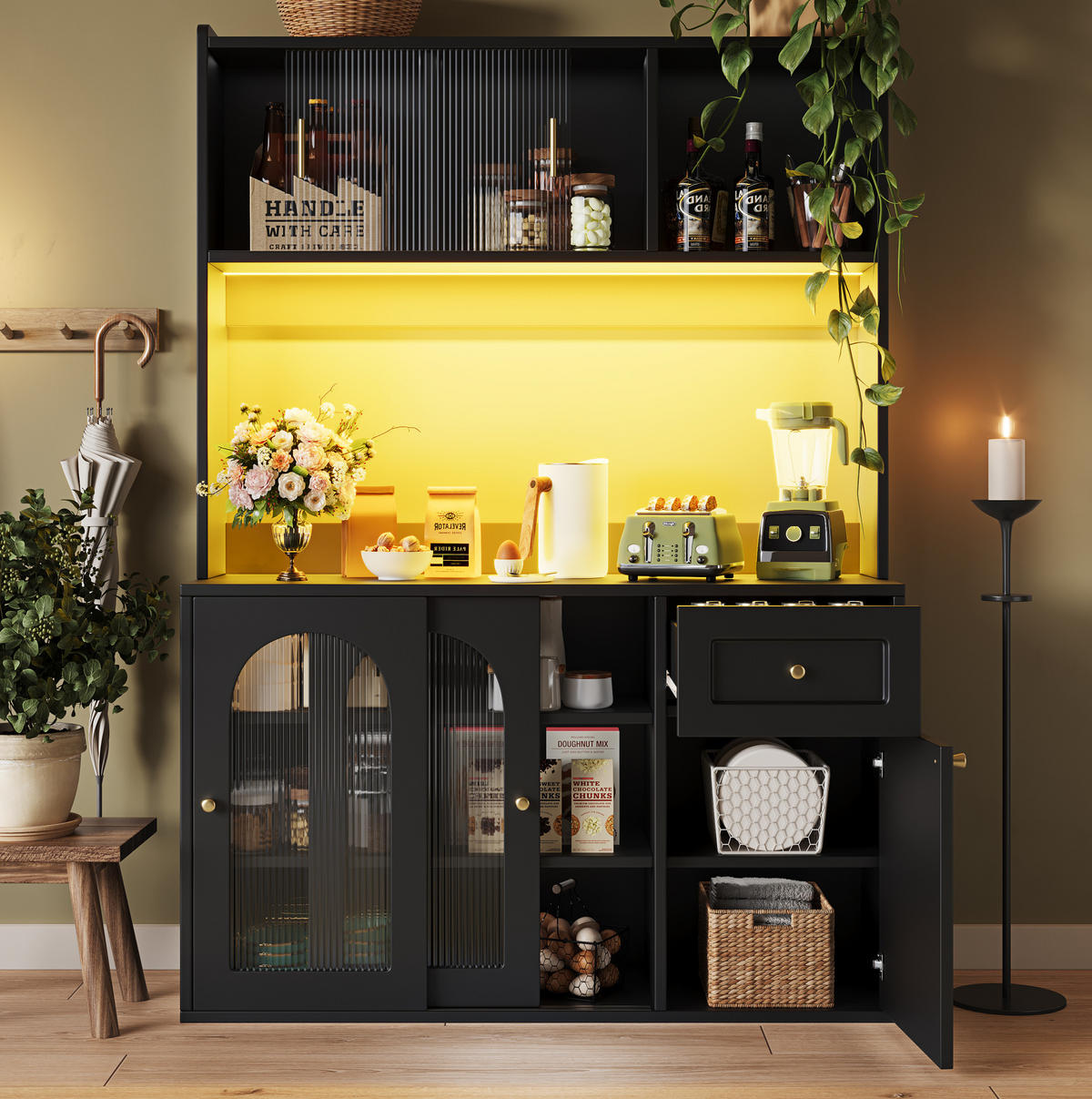 ANRICHTE Küchenschrank 120/35/167 cm aus MDF und Holzwerkstoff mit LED-Beleuchtung Schwarz - Schwarz, Holzwerkstoff (120/167/35cm) - Modenvie
