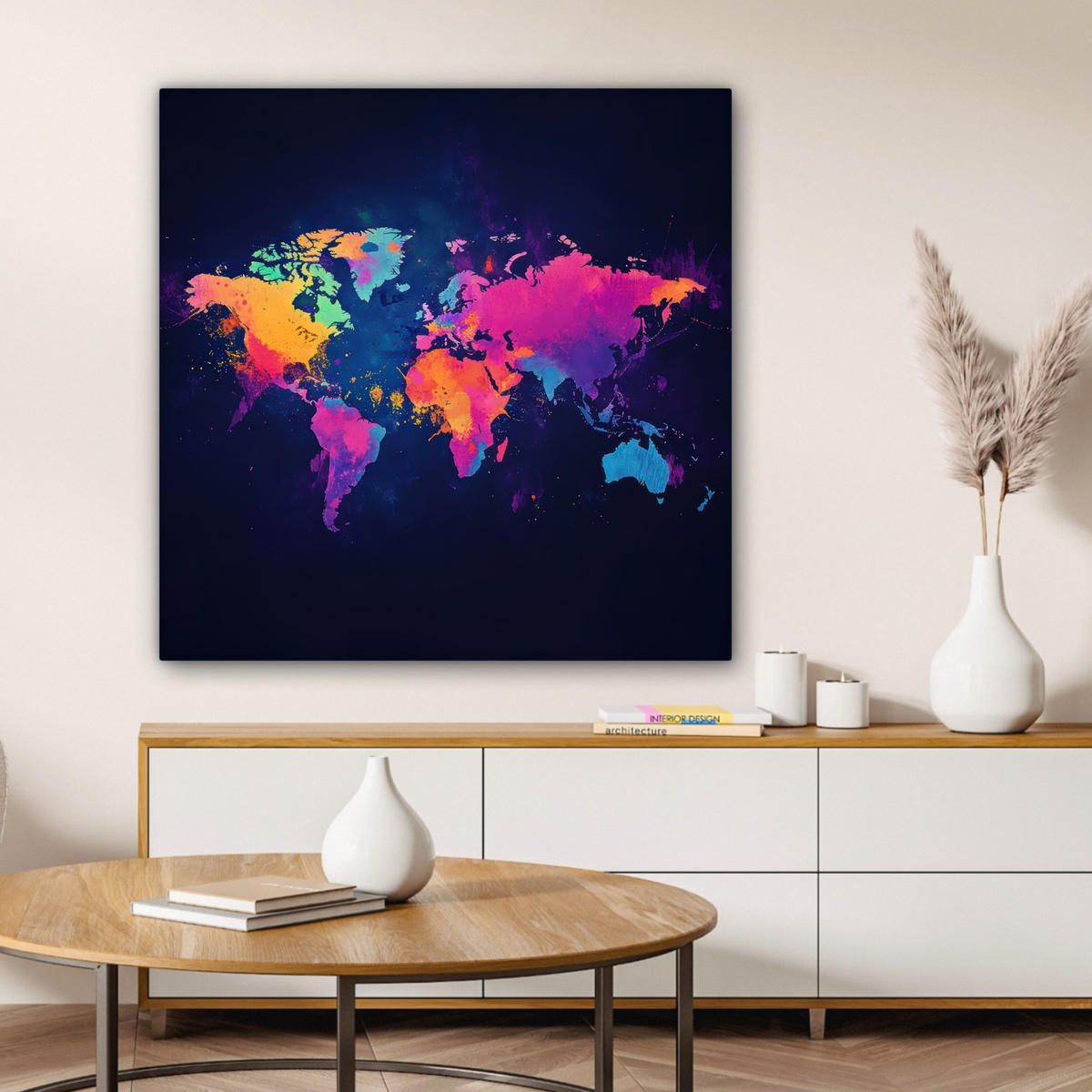 LEINWANDBILD Weltkarte - Bunt - Graffiti 90x90 cm - Multicolor, Textil (90/90cm) - MuchoWow