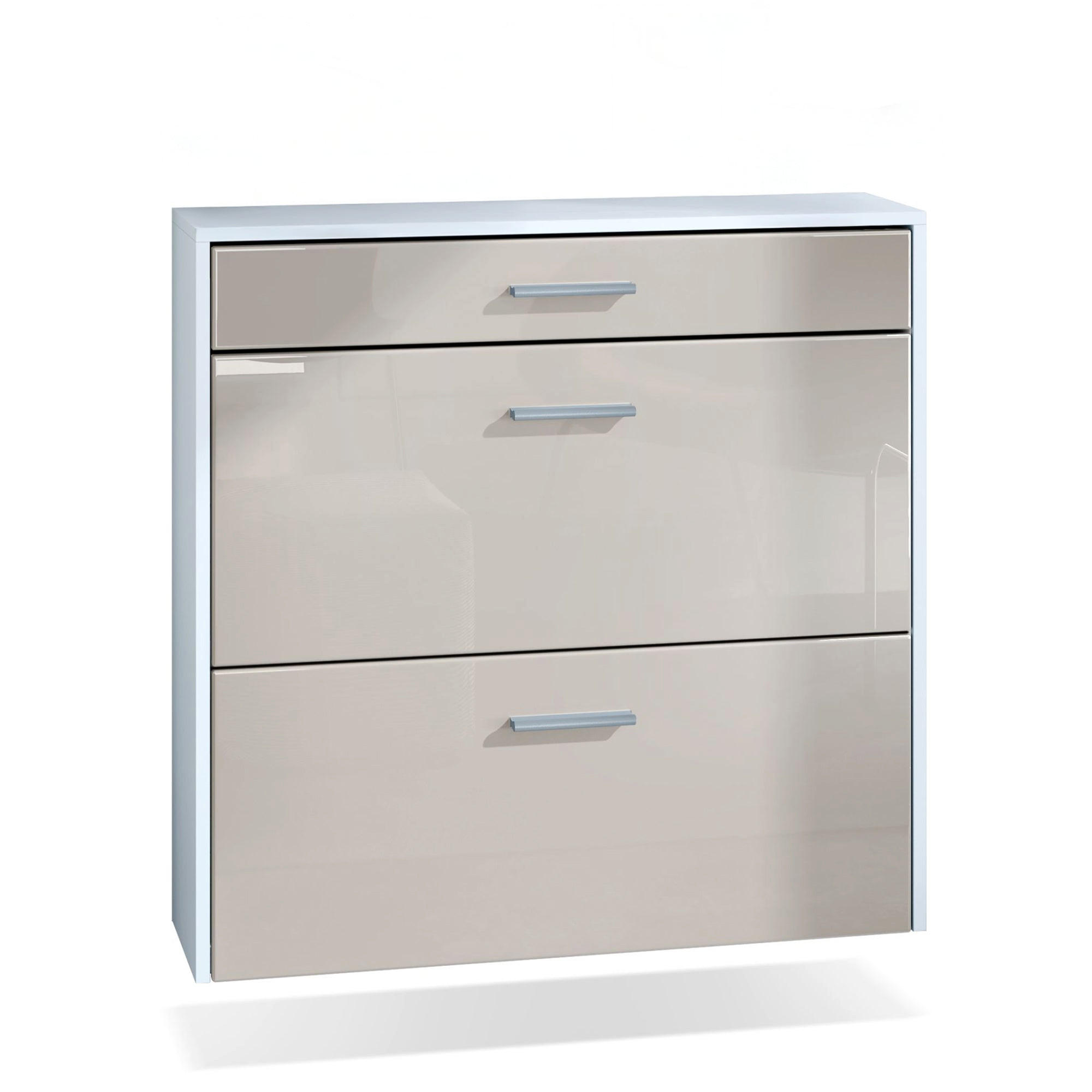 HÄNGENDER-SCHUHSCHRANK Roma Air Schmal mit 2 Klappen und 1 Schublade, Platzsparender Schuhkipper, Weiß matt/Sandgrau Hochglanz (89 x 87 x 23 cm) - Beige, Holzwerkstoff (89/87/23cm) - InnoFurn