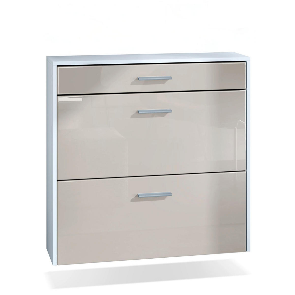 HÄNGENDER-SCHUHSCHRANK Roma Air Schmal mit 2 Klappen und 1 Schublade, Platzsparender Schuhkipper, Weiß matt/Sandgrau Hochglanz (89 x 87 x 23 cm) - Beige, Holzwerkstoff (89/87/23cm) - InnoFurn