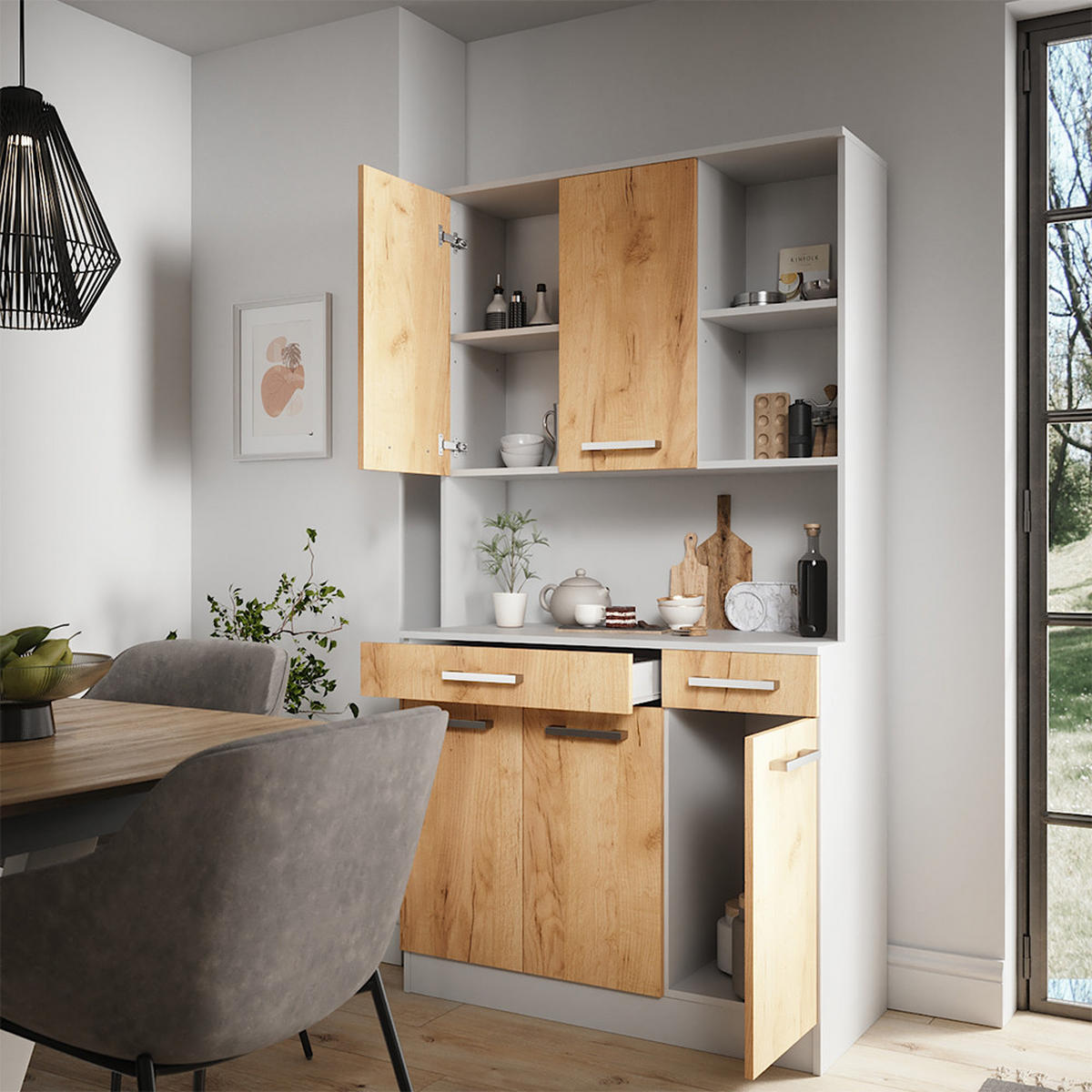 KÜCHENBUFFET Raul Weiß/Goldkraft Eiche 100.1 x 188.5 cm mit 5 Türen & 2 Schubladen - Honigeiche/Eiche Wotan, Holzwerkstoff (100.1/188.5/46cm) - Vicco