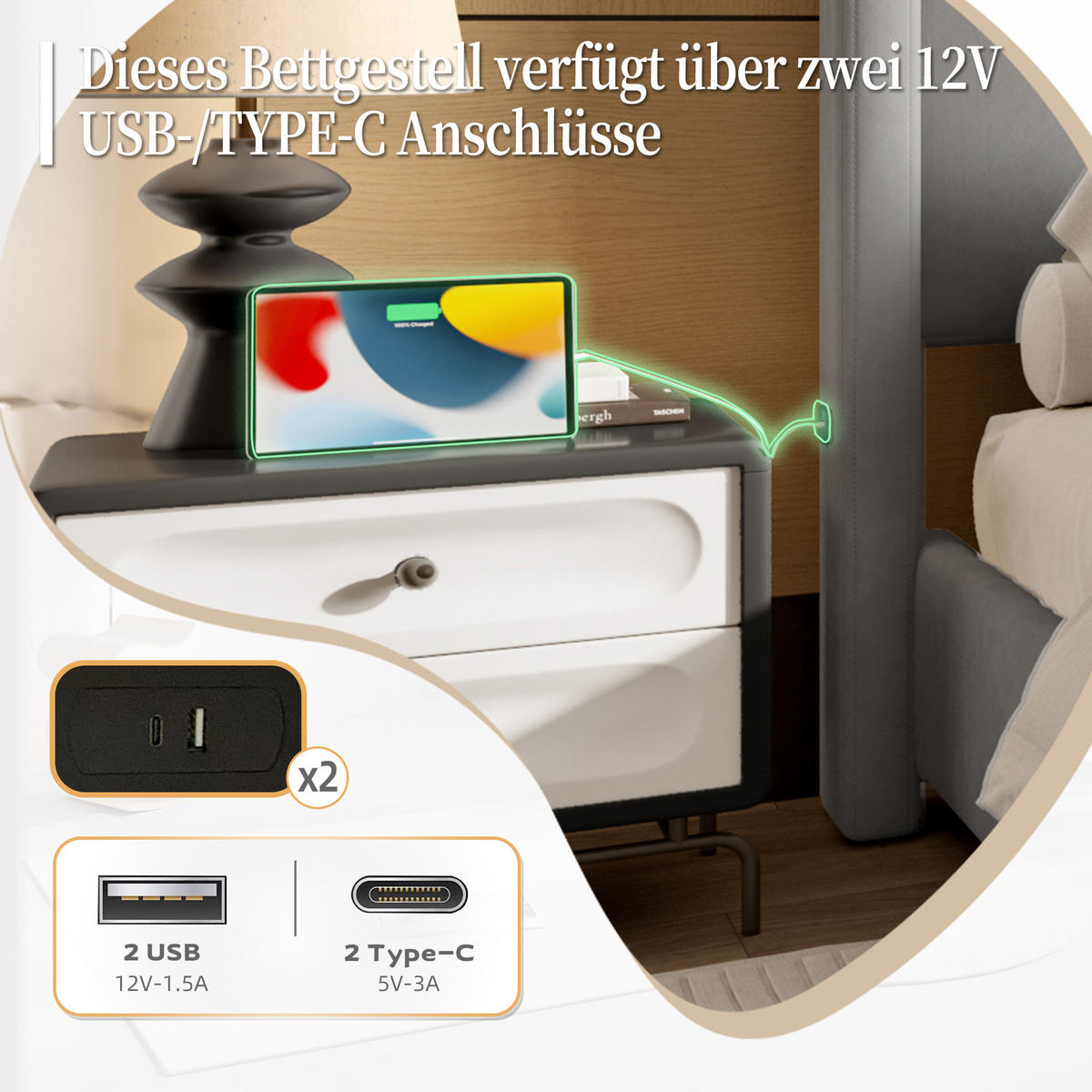 POLSTERBETT 140x190 cm USB grau - Dunkelgrau, Textil (140/190cm) - LEBENLANG