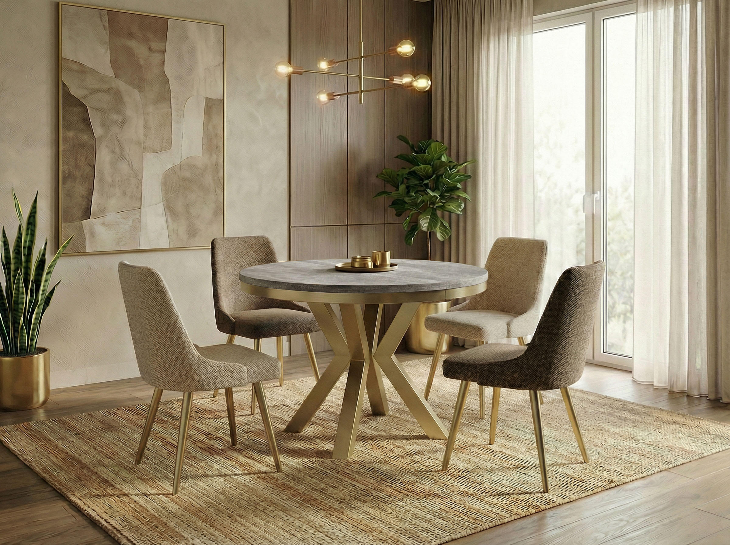 ESSTISCH Clara Gold runder ausziehbarer, Grauer Beton 100-180/100/76 cm - Goldfarben/Hellgrau, Holzwerkstoff/Metall (100/100/76cm) - WFL GROUP