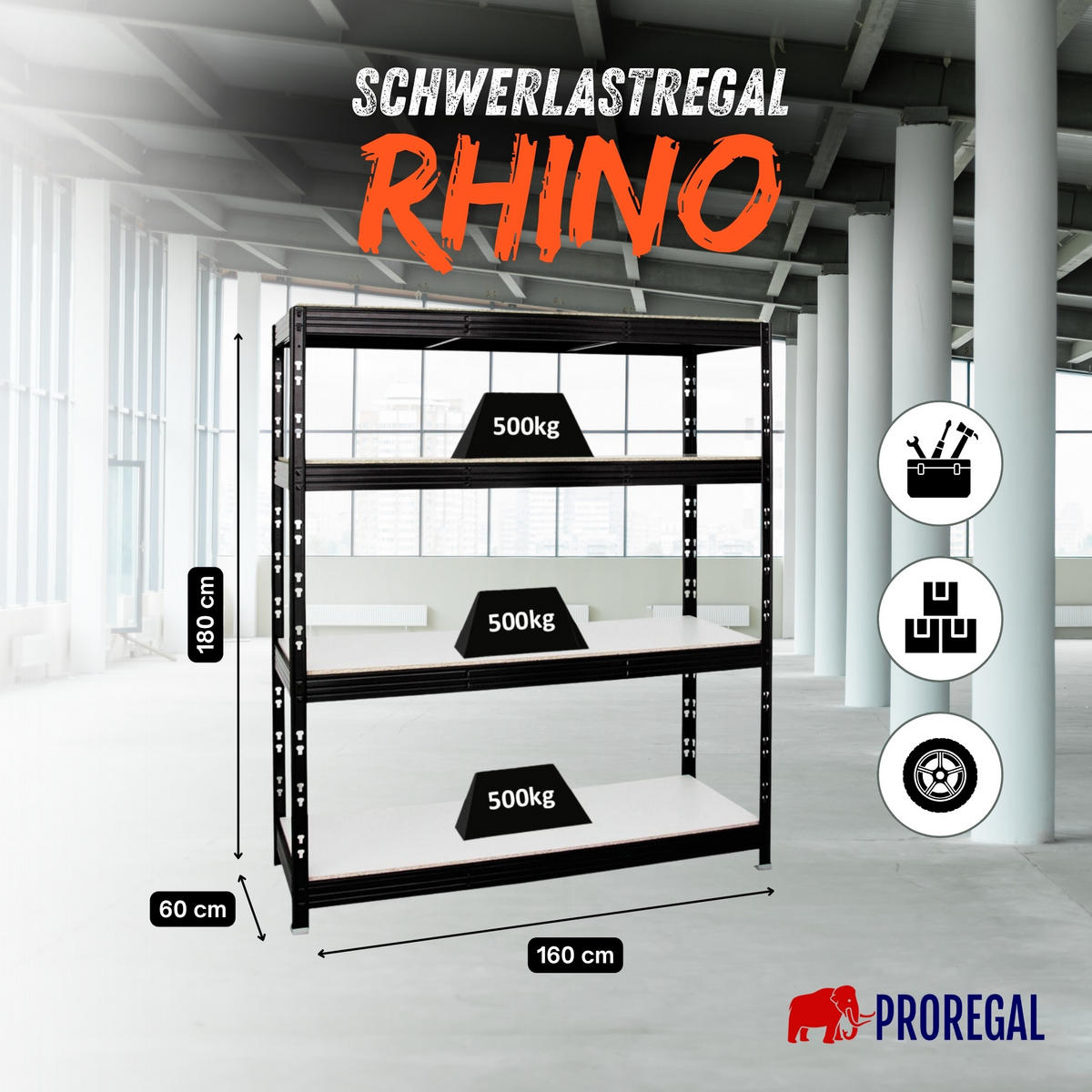 SCHWERLASTREGAL Rhino 180x160x60 cm 4 Melamin-Ebenen 16mm Fachlast 500 kg Schwarz - Schwarz/Weiß, Metall (160/180/60cm) - PROREGAL
