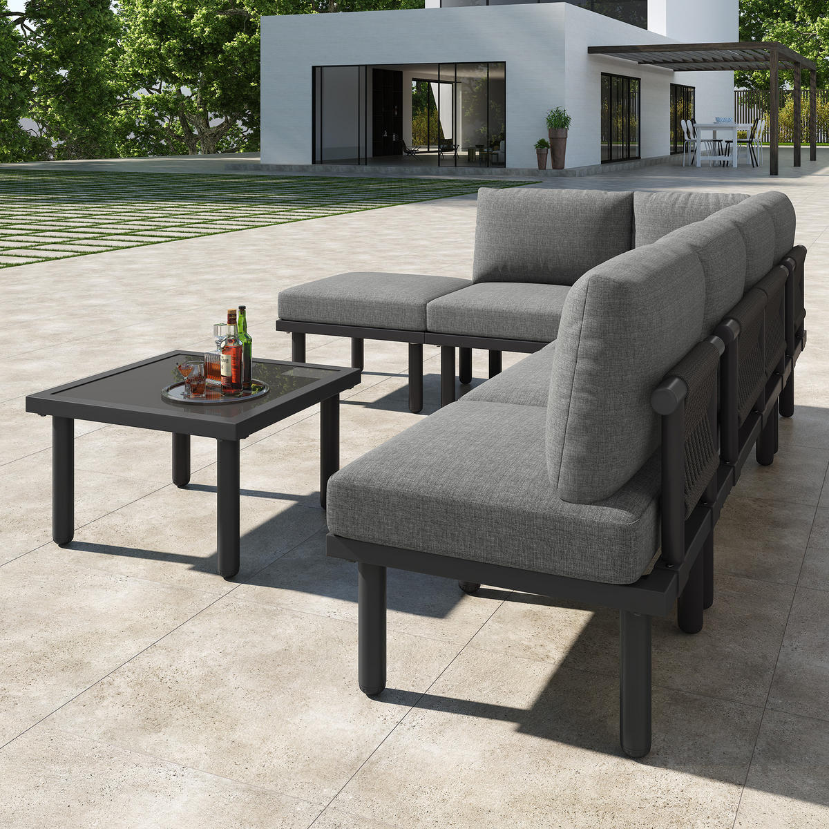 GARTENLOUNGE-SET 6er-Set Gartenmöbel Set Outdoor Sitzgruppe mit Sofa und Glas Tisch - Schwarz/Grau, Textil/Metall - STILVORA