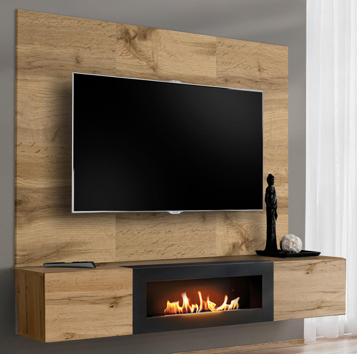 TV-LOWBOARD Eiche Wotan 180 cm hängend, Set inklusive Ethanol Kamin und Wandpaneel - Eiche Wotan, Holzwerkstoff (180/148/40cm) - Inn.Furn