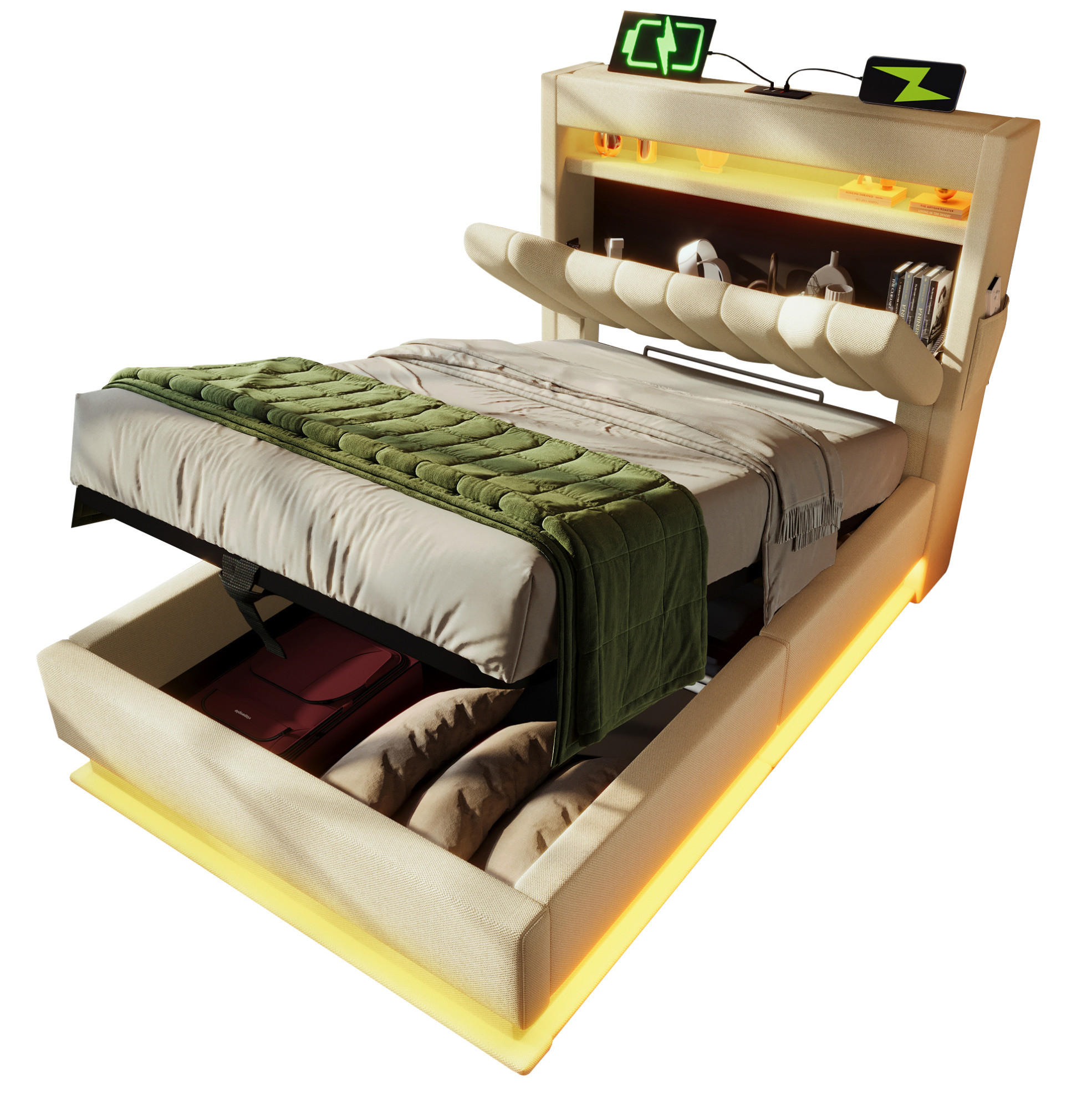 POLSTERBETT 90/200 cm mit Bettkasten, LED-Beleuchtung und Ladefunktion - Beige, Textil (90/200cm) - BEAOK