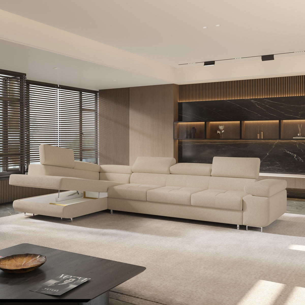 ECKSOFA VICENTE Beige Boucle-Stoff mit Schlaffunktion - Beige, Holz (346/202cm) - MASSENO