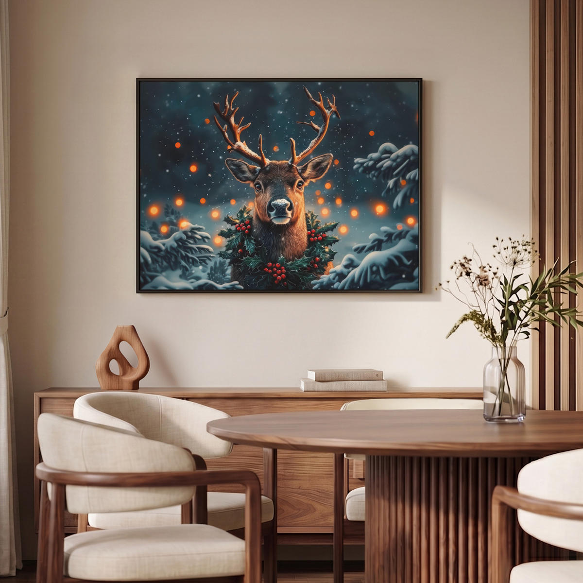 LEINWAND Bilder mit Rahmen - Hirsch - Weihnachten - Winter - Schnee - Weihnachtskranz - 100x70 - Dunkelbraun, Textil (100/70cm) - MuchoWow