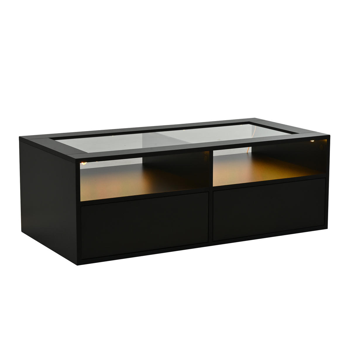 COUCHTISCH 100/50/35 cm Schwarz aus Glas und Holzwerkstoff mit LED-Beleuchtung und 2 Schubladen - Schwarz, Glas (100/50/35cm) - OKWISH