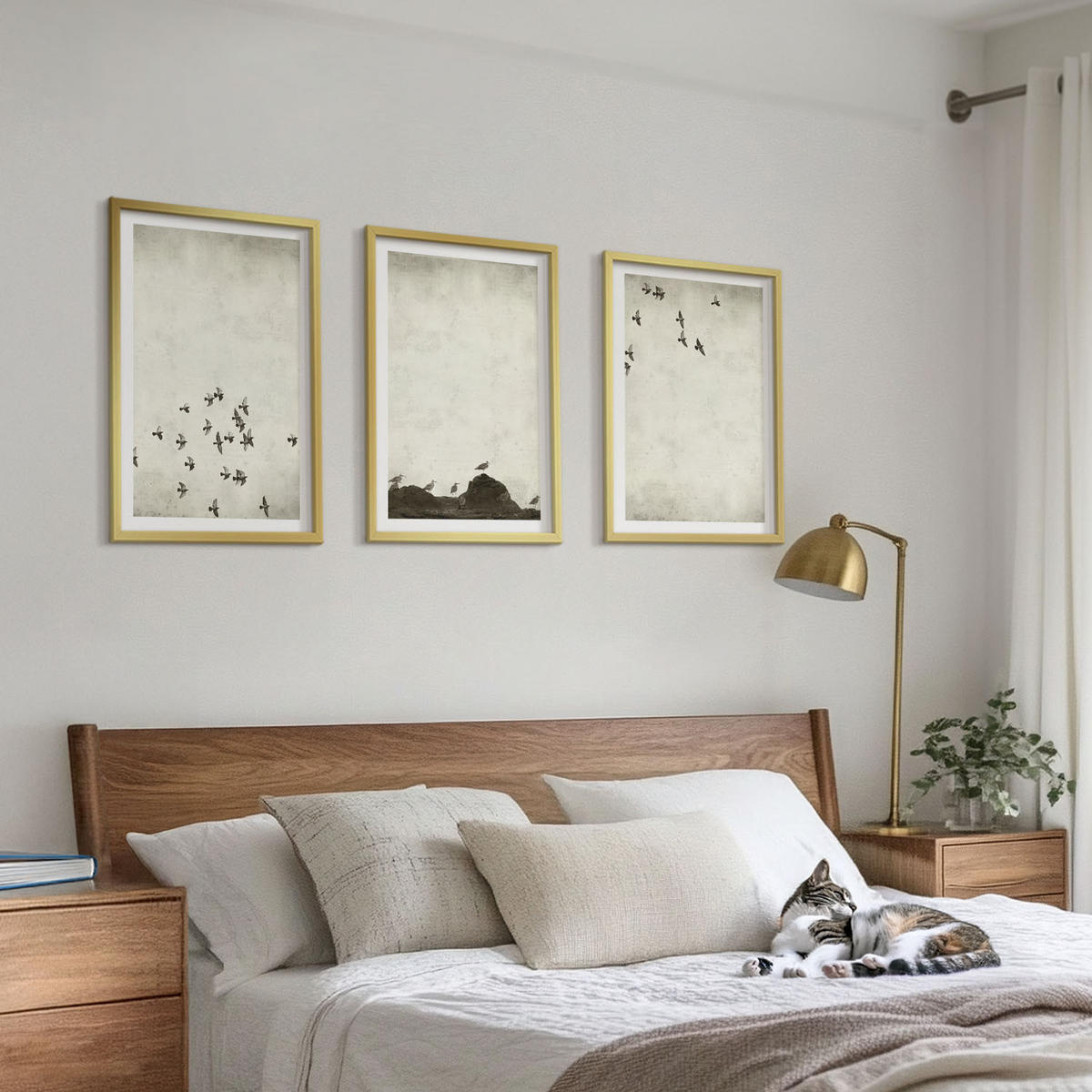 WANDBILDER 3er Set - 40x60 cm Goldrahmen - Vögel im Flug, minimalistischer Stil - Goldfarben, Kunststoff (40/60cm) - ArtPrintCave