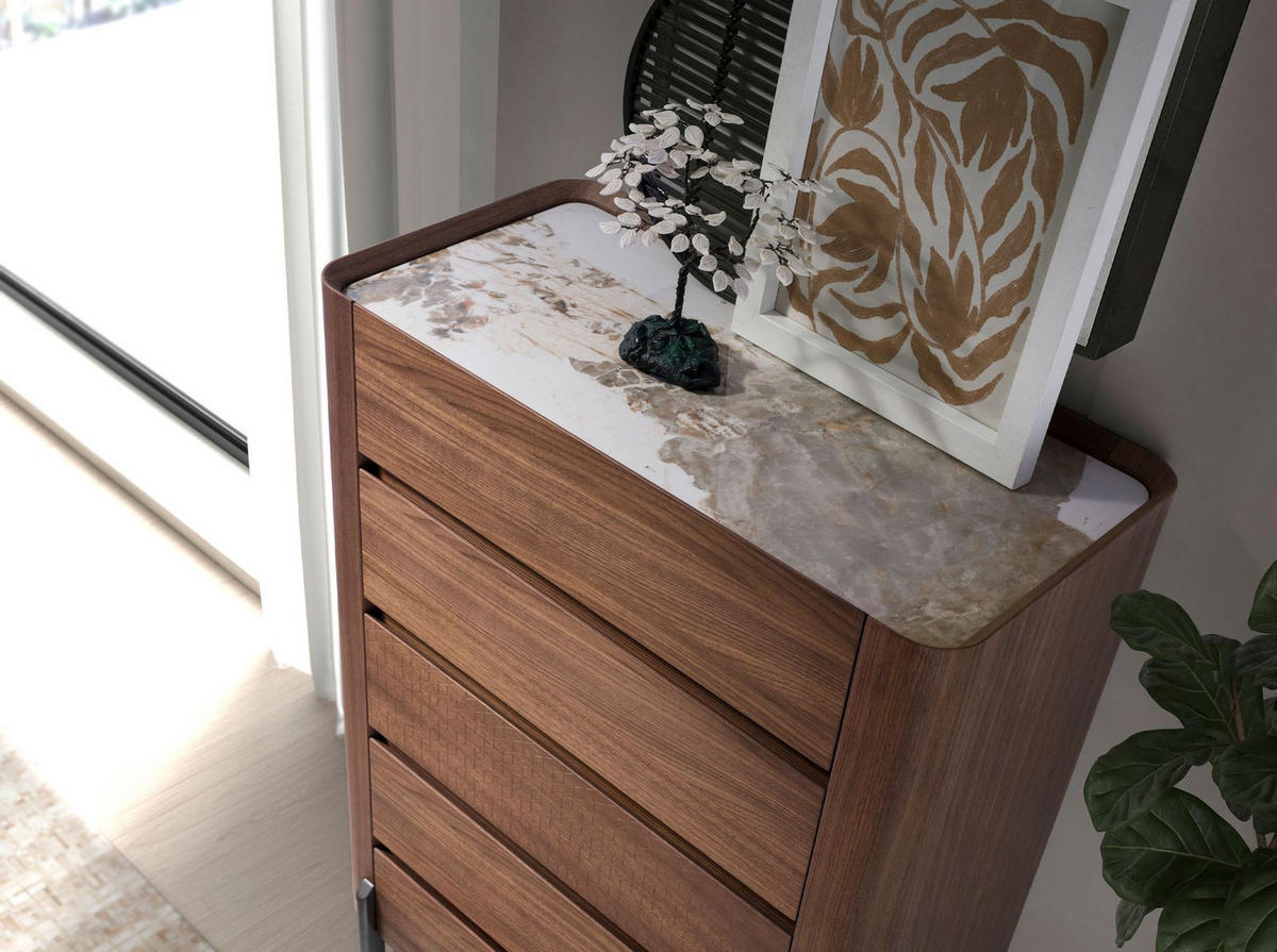 KOMMODE Chiffonier aus Nussbaum und dunklem metallisiertem Stahl mit Porzellanmarmorplatte 80/40/112 cm - Walnussfarben/Weiß, Holz (80/112/40cm) - ANGEL CERDA