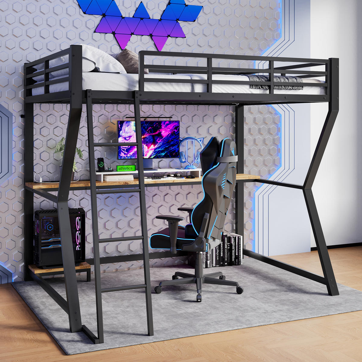 HOCHBETT 90x200cm Schwarz LED-Licht Computerablage Schreibtisch USB - Schwarz, Metall (90/200cm) - FLIEKS