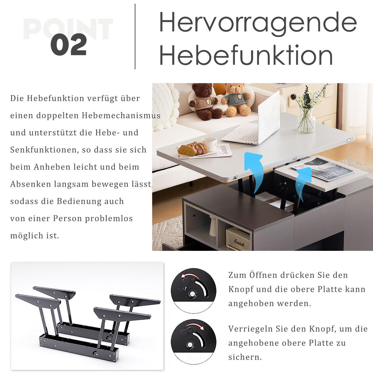 COUCHTISCH DE-159 Höhenverstellbar Grau - Grau, Holzwerkstoff (51/100/47cm) - ComfortXL