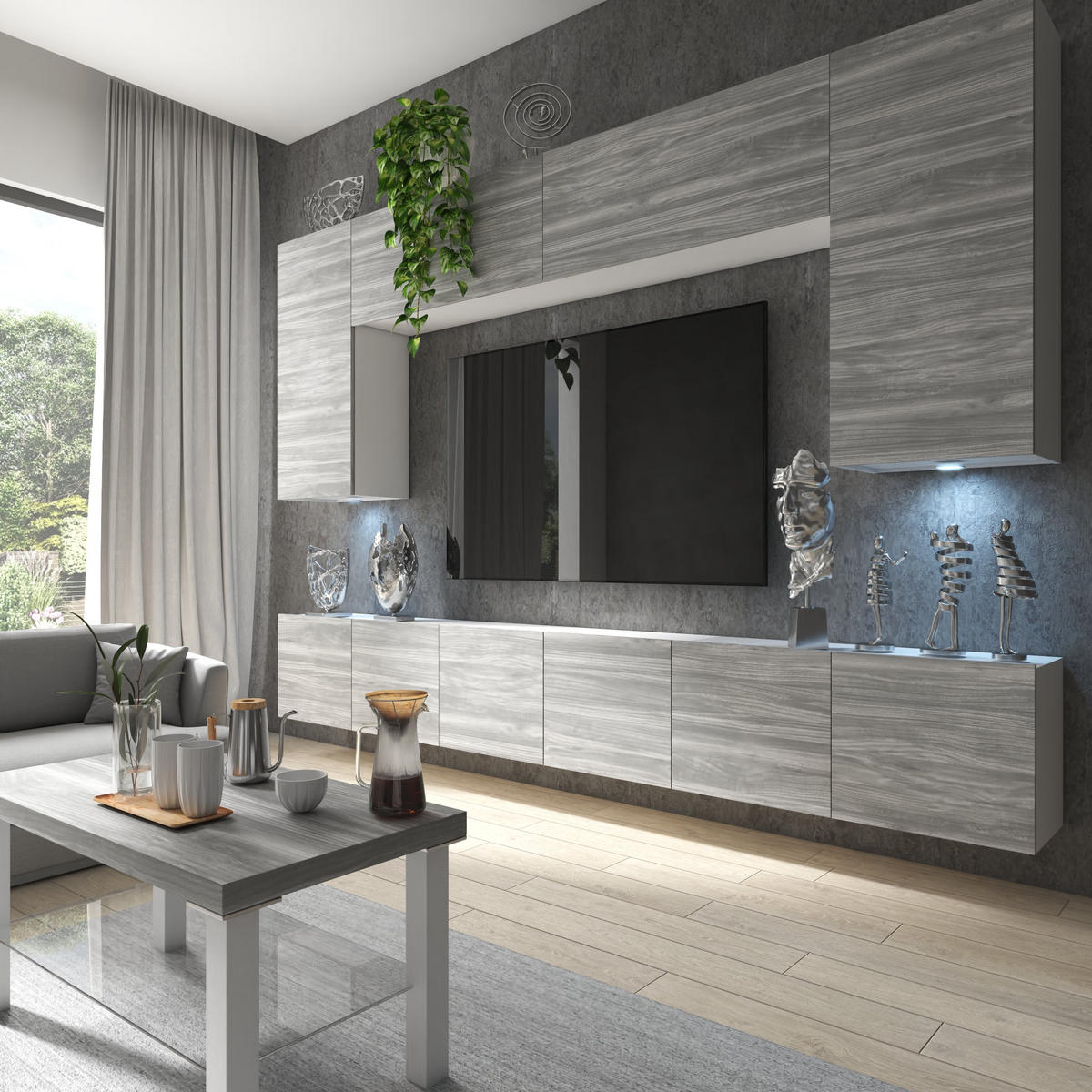 WOHNWAND Milano 2, Grau Matt, 300 cm, Grifflos - Grau, Holz (300/155/36cm) - B BELINI GROUP