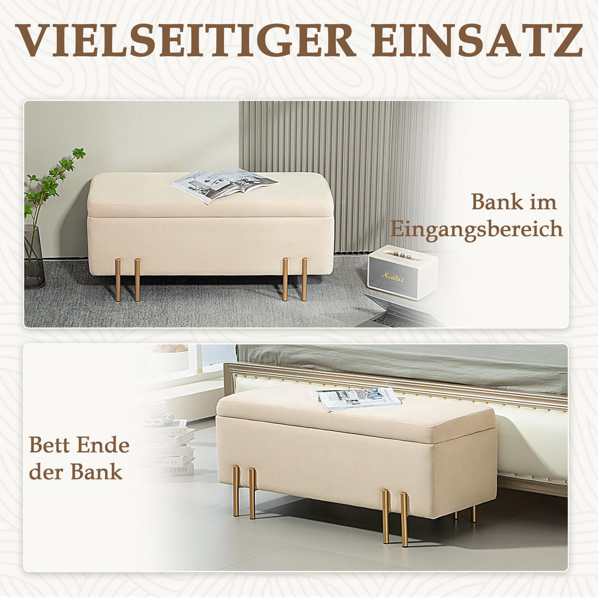 POLSTERBANK Mit Stauraum DE-07135 Metall & Kautschukholz, bis 220 kg Beige - Beige, Holz/Textil (40/42/100cm) - ComfortXL