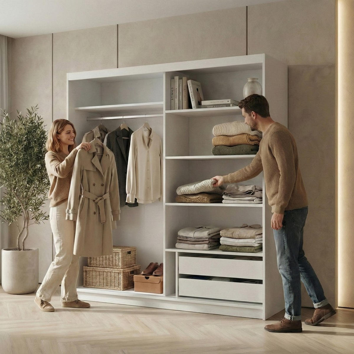 SCHWEBETÜRENSCHRANK Hela 180/205/60 2-türig weiß mit Schubladen - Weiß, Holzwerkstoff (180/205/60cm) - Beautysofa