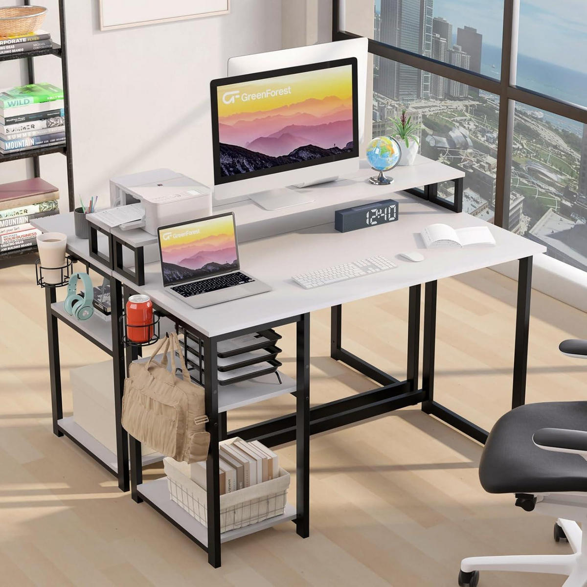SCHREIBTISCH Weiß mit Regal und Monitorständer 120 x 55 cm - Weiß, Metall (120/55/75cm)