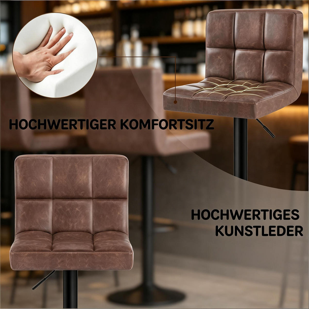 BARHOCKER Dunkelbraun 1er-Set Höhenverstellbar Drehbar mit Armlehnen - Dunkelbraun, Metall (38/114/44cm) - PANGIVO